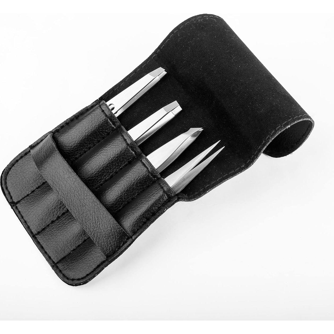 Juego de Pinzas de Acero Inoxidable Hobri - 4 Piezas con Estuche