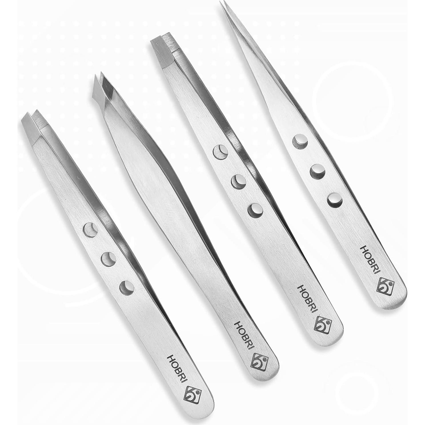 Juego de Pinzas de Acero Inoxidable Hobri - 4 Piezas con Estuche
