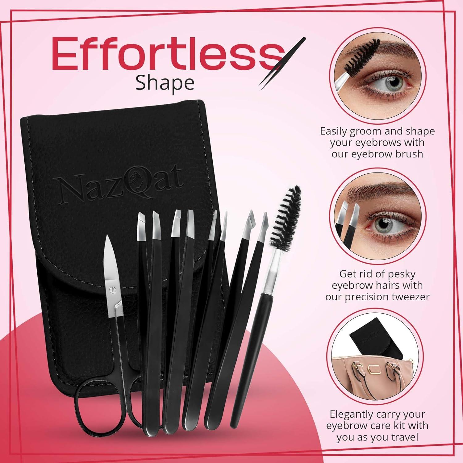 Juego de 6 Pinzas para Cejas NazQat - Kit Profesional Negro