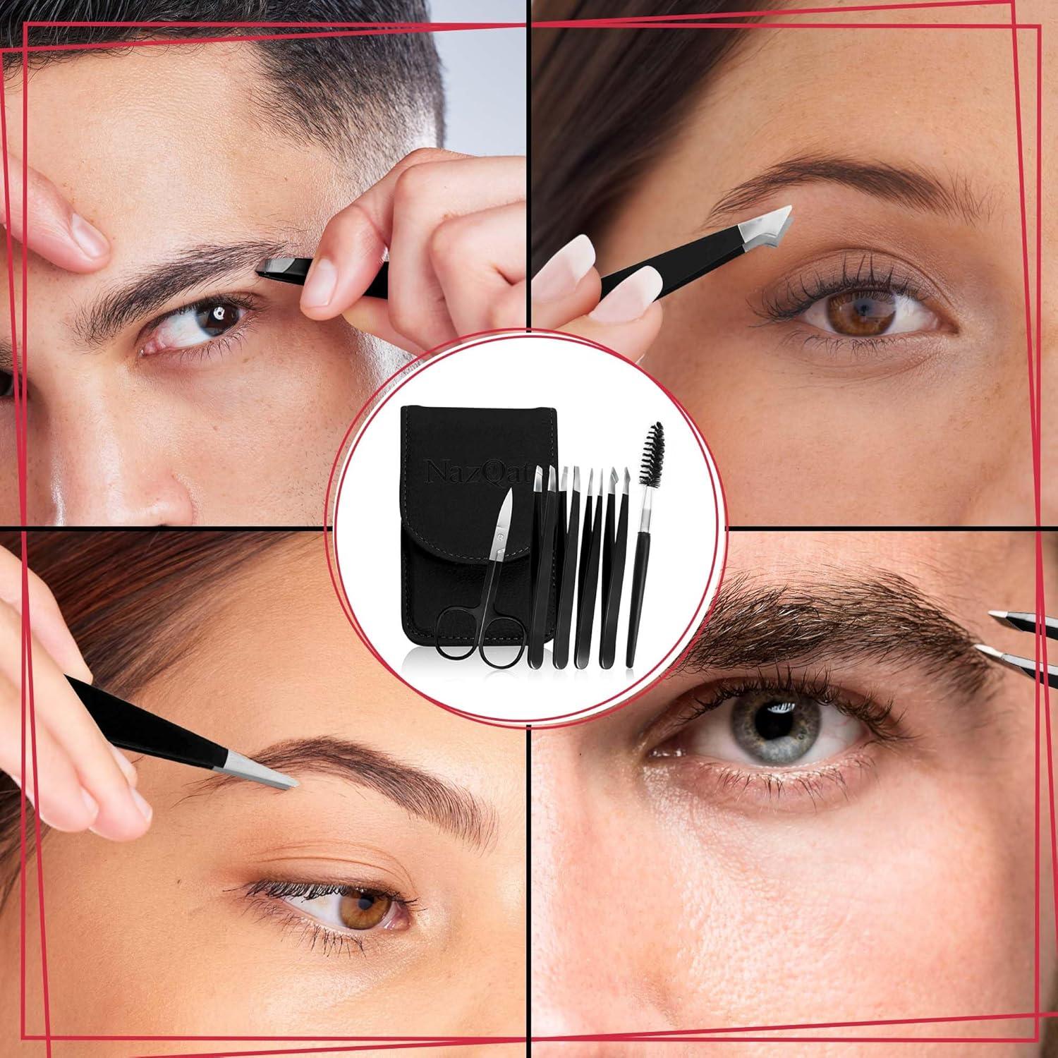Juego de 6 Pinzas para Cejas NazQat - Kit Profesional Negro