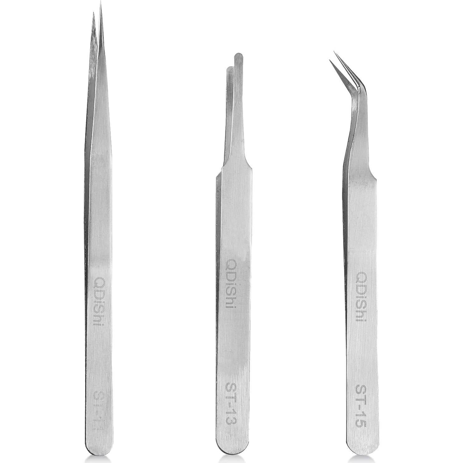 Juego de Pinzas de Precisión QDiShi 3 Piezas Acero Inoxidable