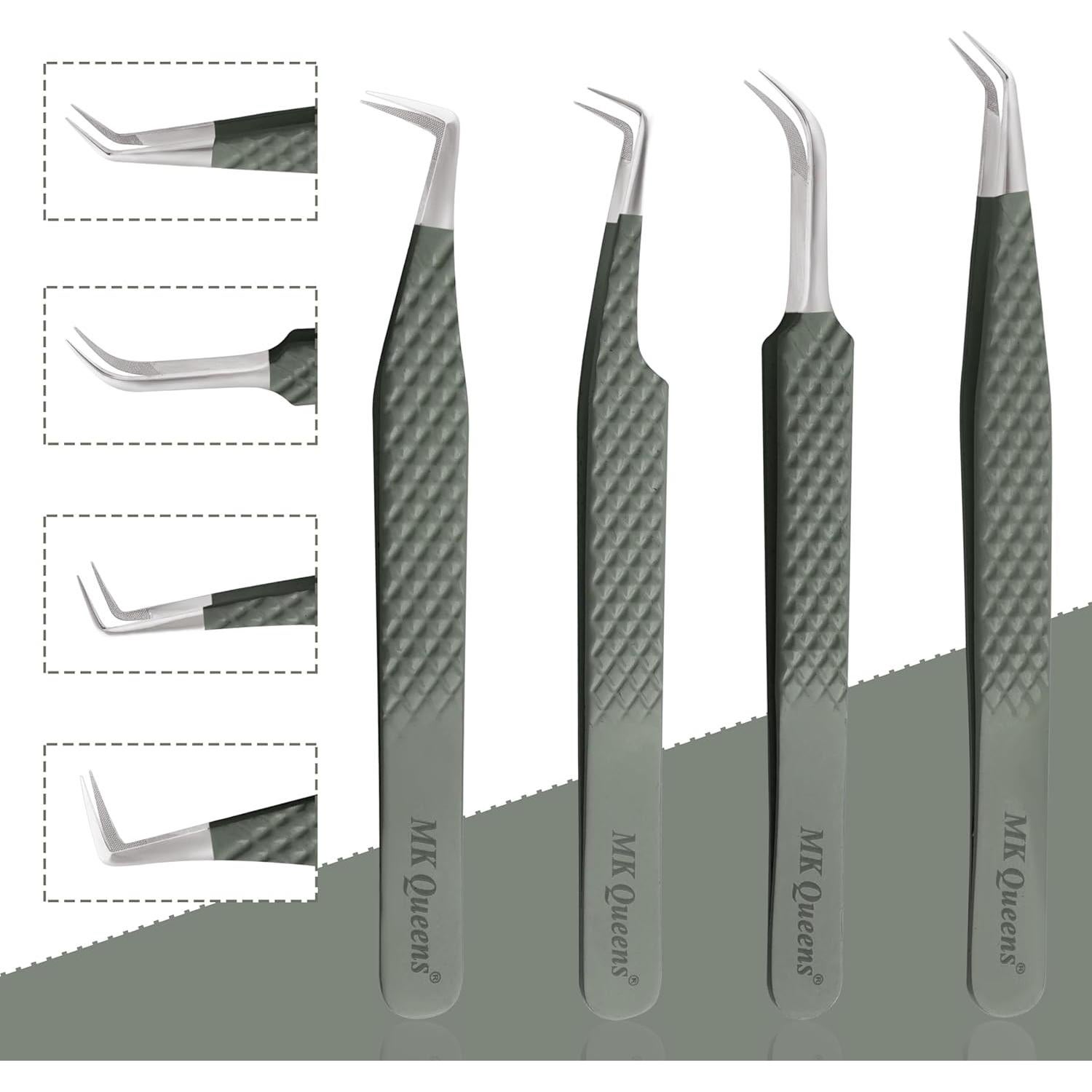 Set de 4 Pinzas de Acero Inoxidable MK QUEENS para Pestañas