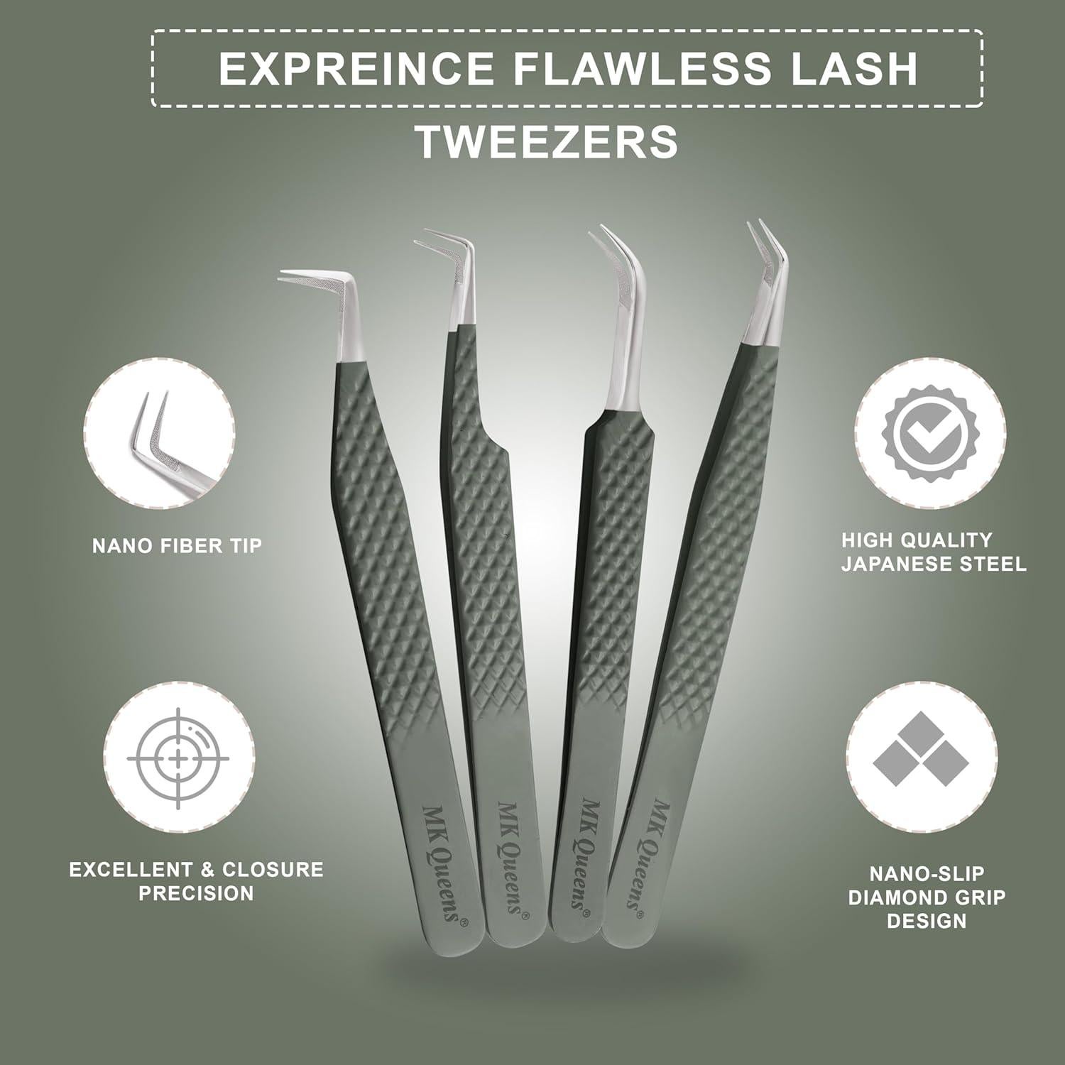 Set de 4 Pinzas de Acero Inoxidable MK QUEENS para Pestañas