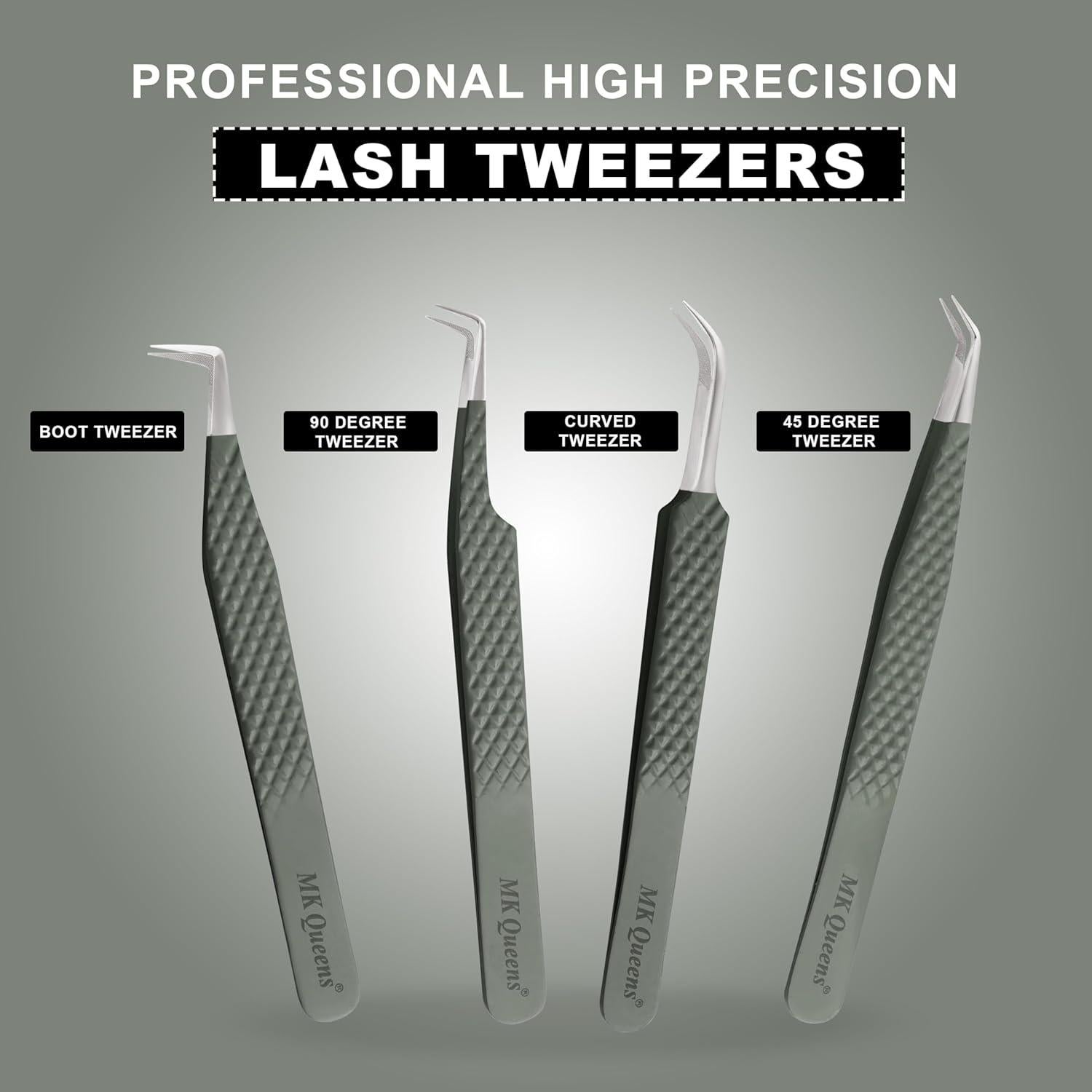 Set de 4 Pinzas de Acero Inoxidable MK QUEENS para Pestañas