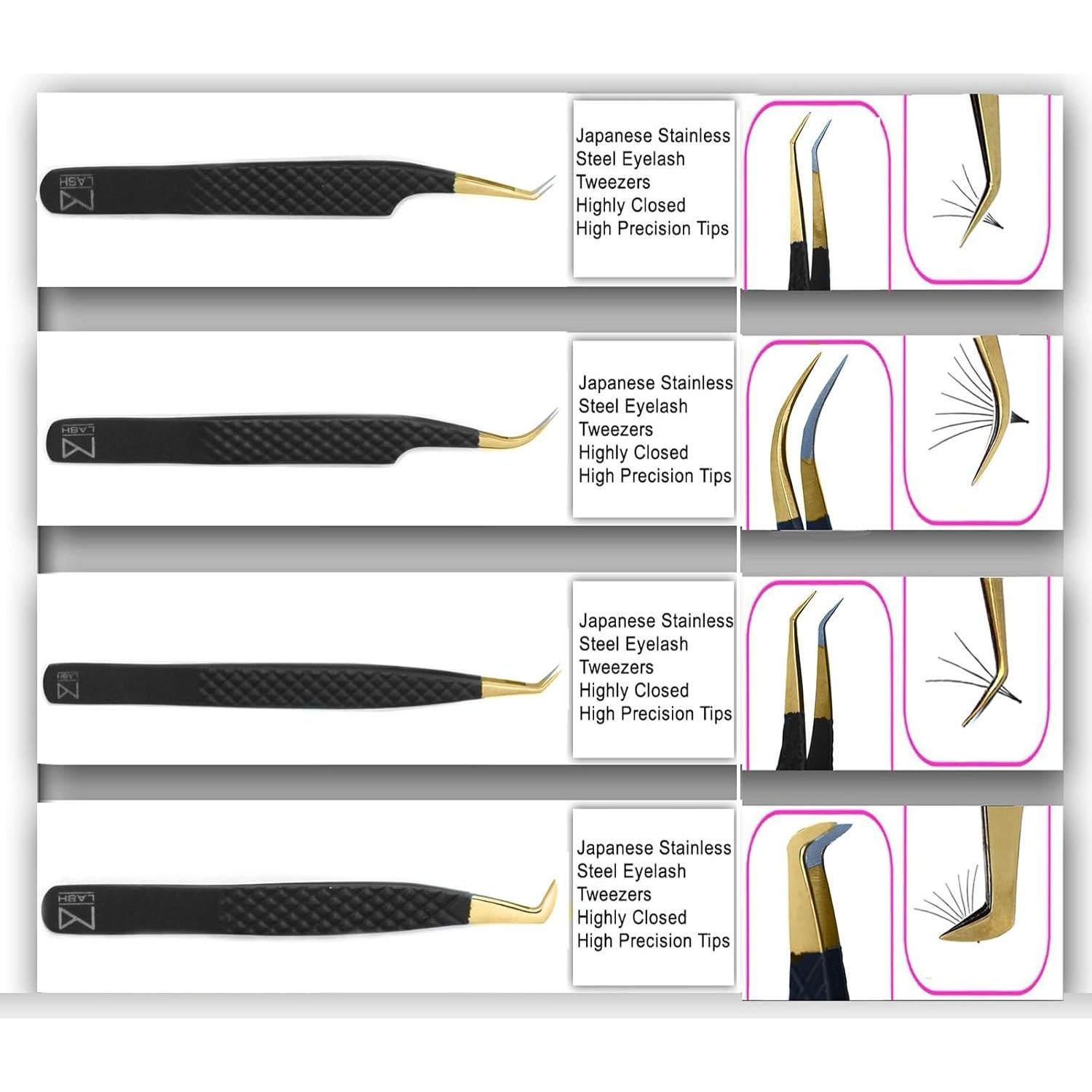Pinzas M LASH para Extensiones de Pestañas - Juego de 4 - Acero Japonés