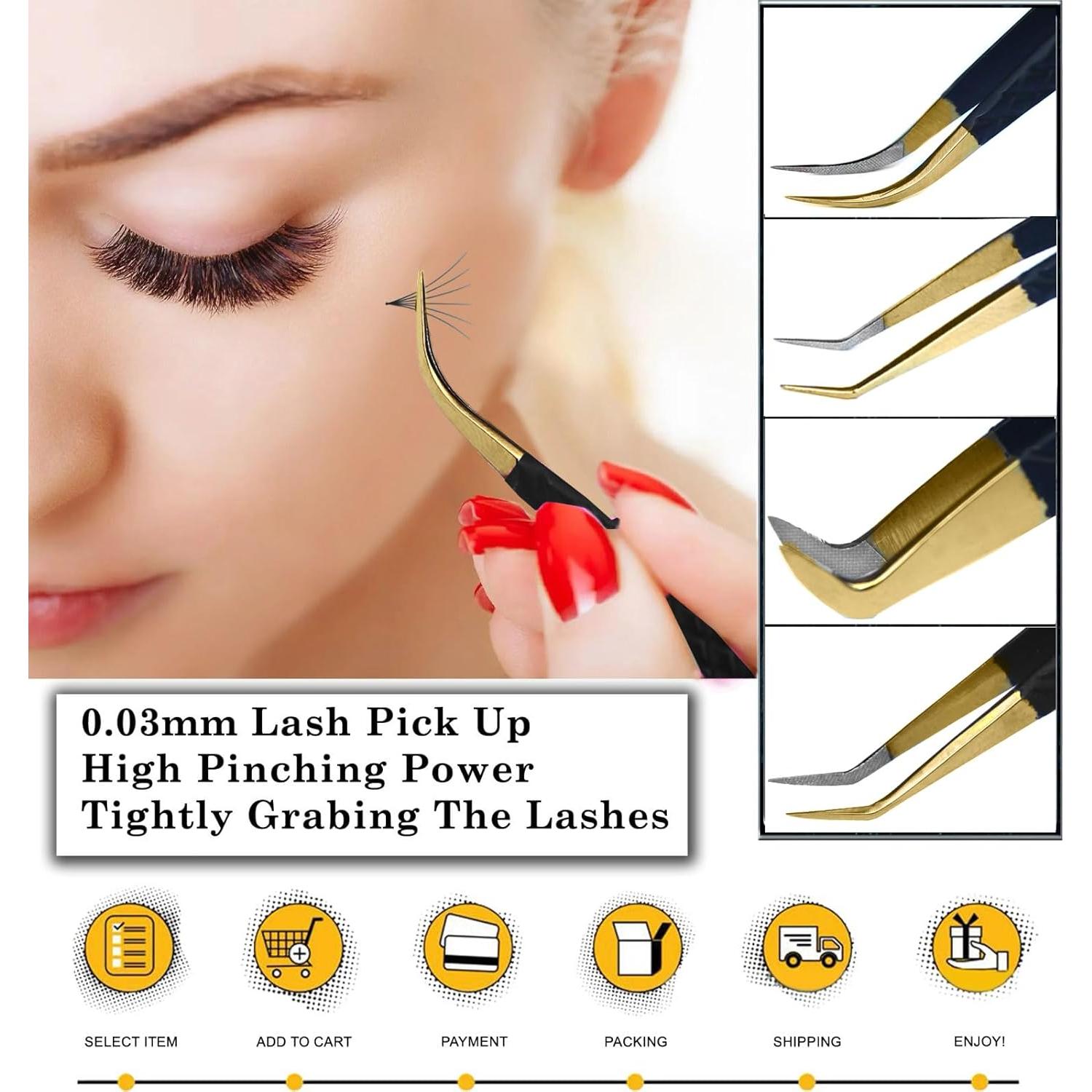 Pinzas M LASH para Extensiones de Pestañas - Juego de 4 - Acero Japonés