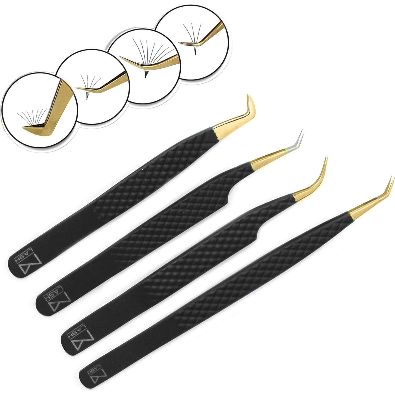 Pinzas M LASH para Extensiones de Pestañas - Juego de 4 - Acero Japonés