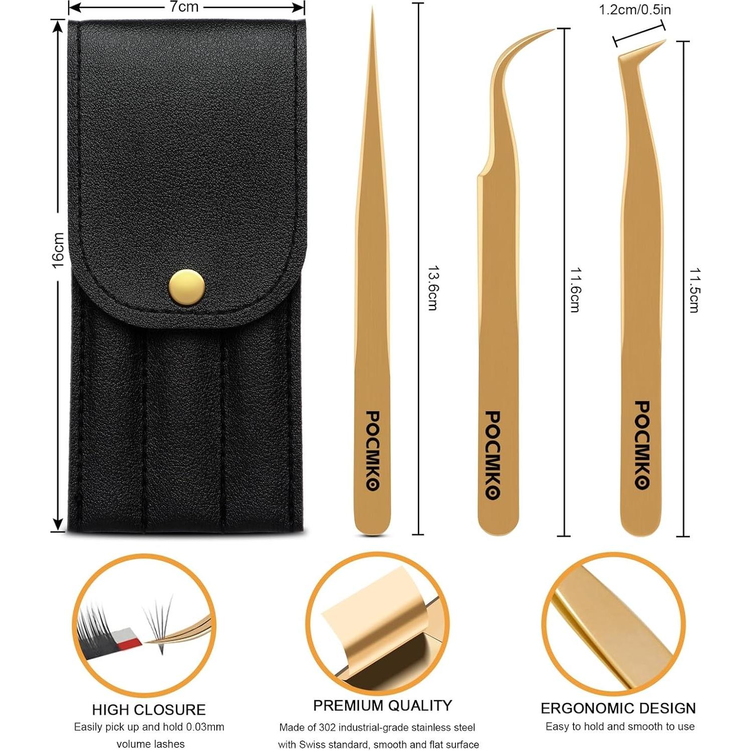 Juego de Pinzas para Pestañas POCMKO Dorado 3 Piezas