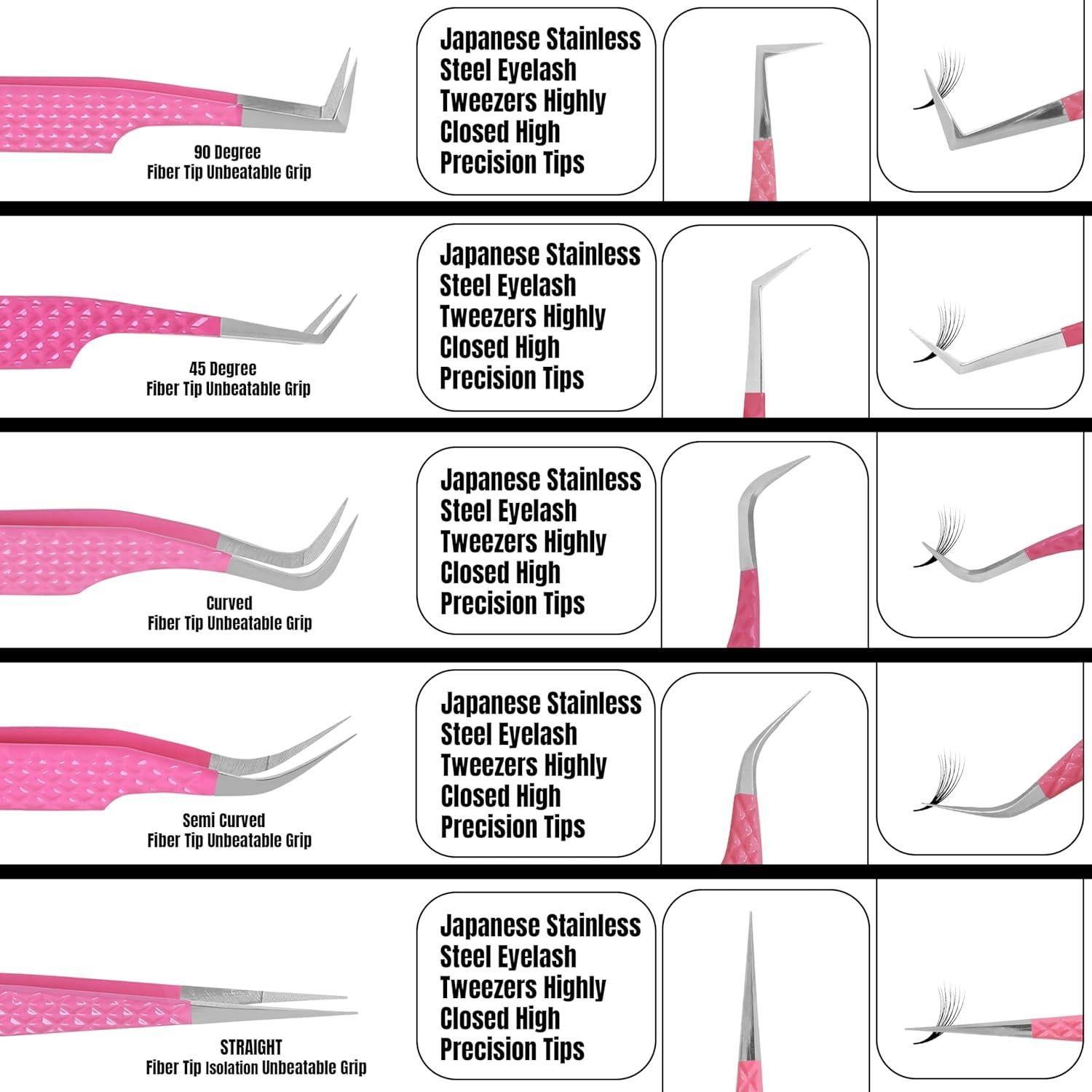 Pinzas para Extensiones de Pestañas HADIZ - Set de 5 Frambuesa
