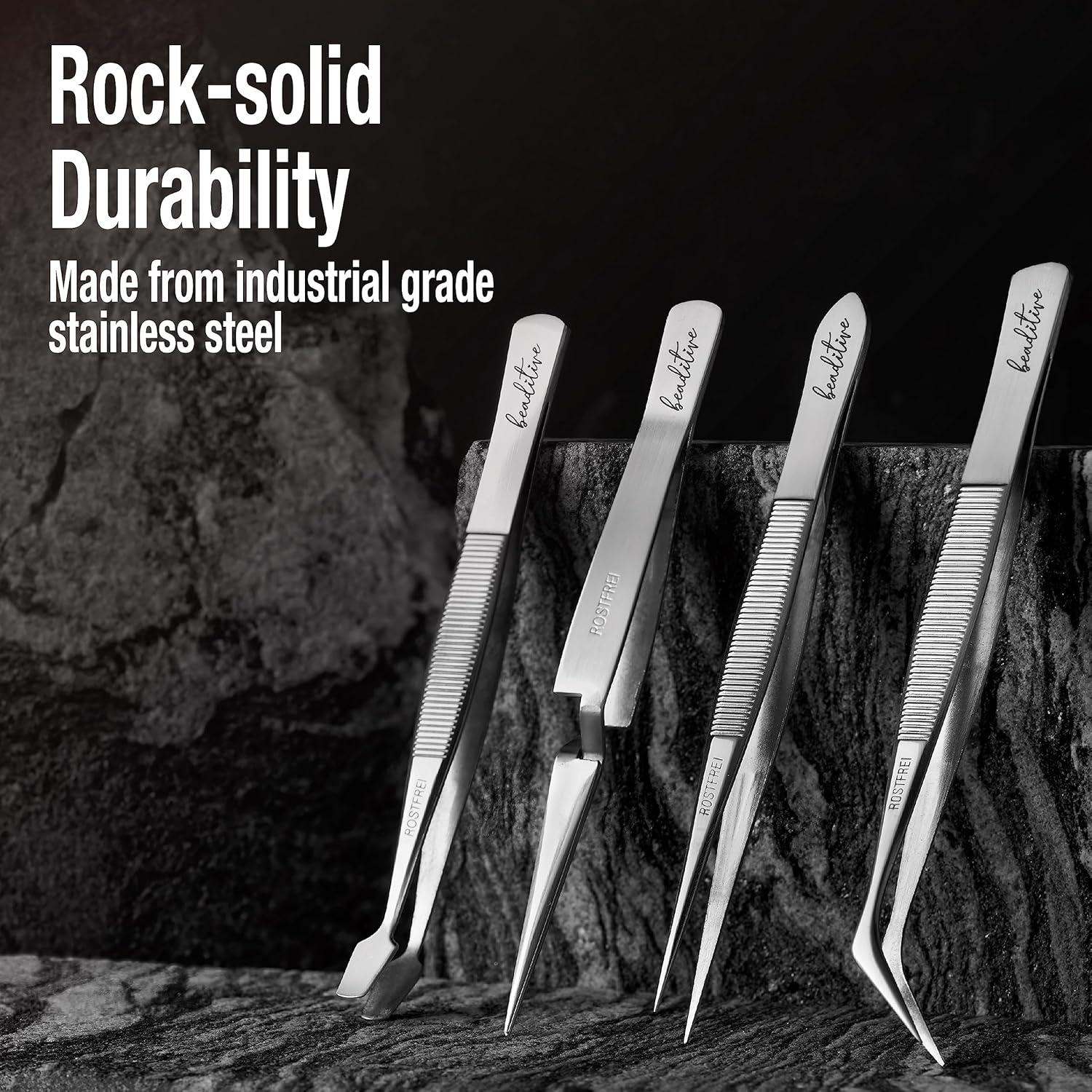 Juego de Pinzas de Precisión Beaditive - 4 Piezas de Acero Inoxidable