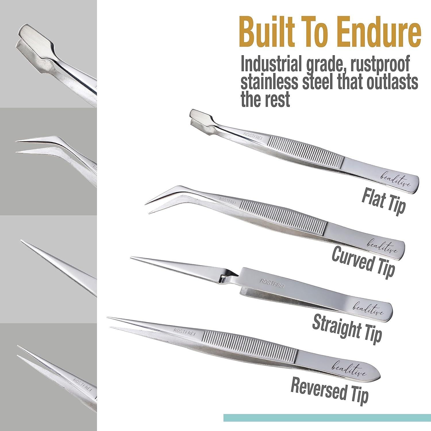 Juego de Pinzas de Precisión Beaditive - 4 Piezas de Acero Inoxidable
