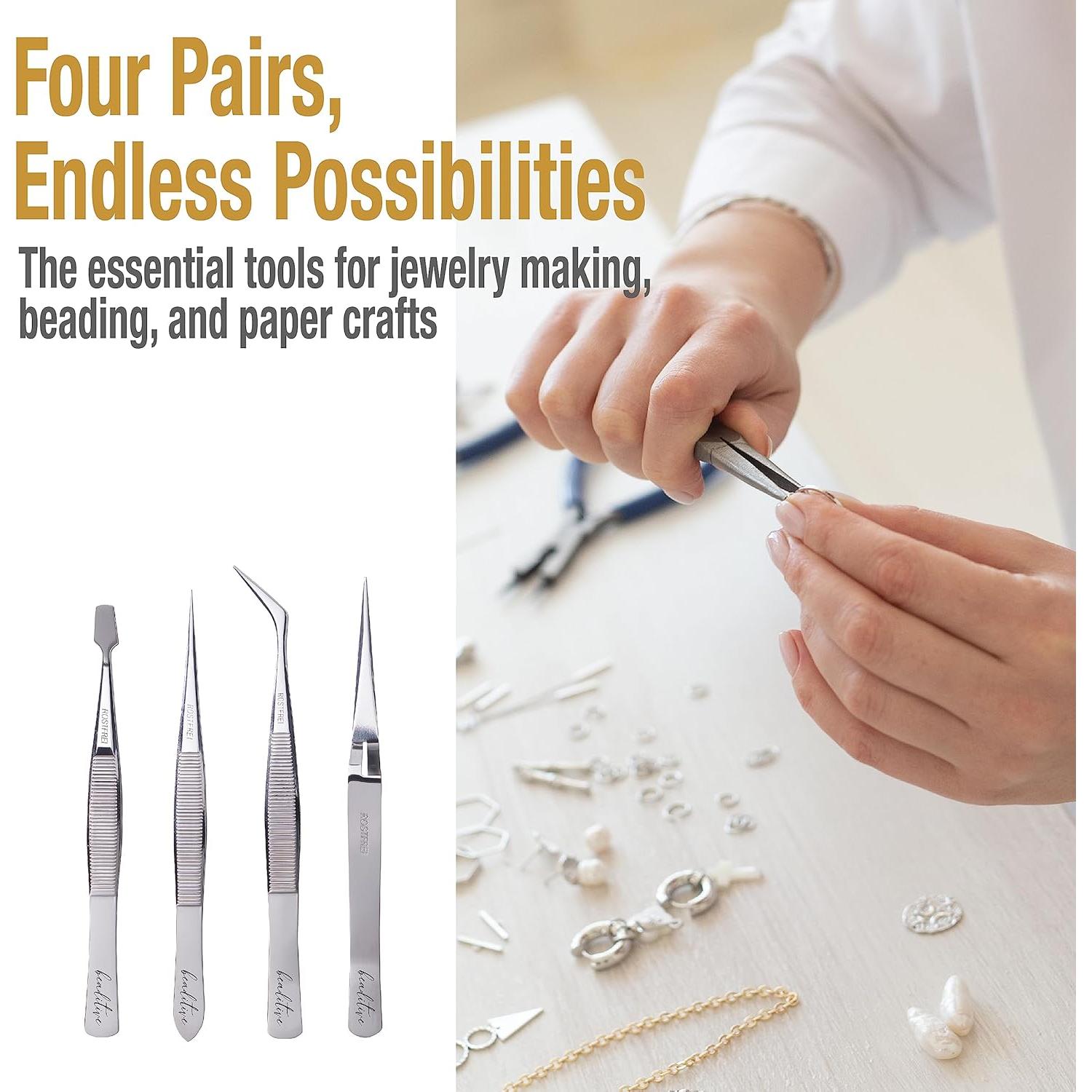 Juego de Pinzas de Precisión Beaditive - 4 Piezas de Acero Inoxidable