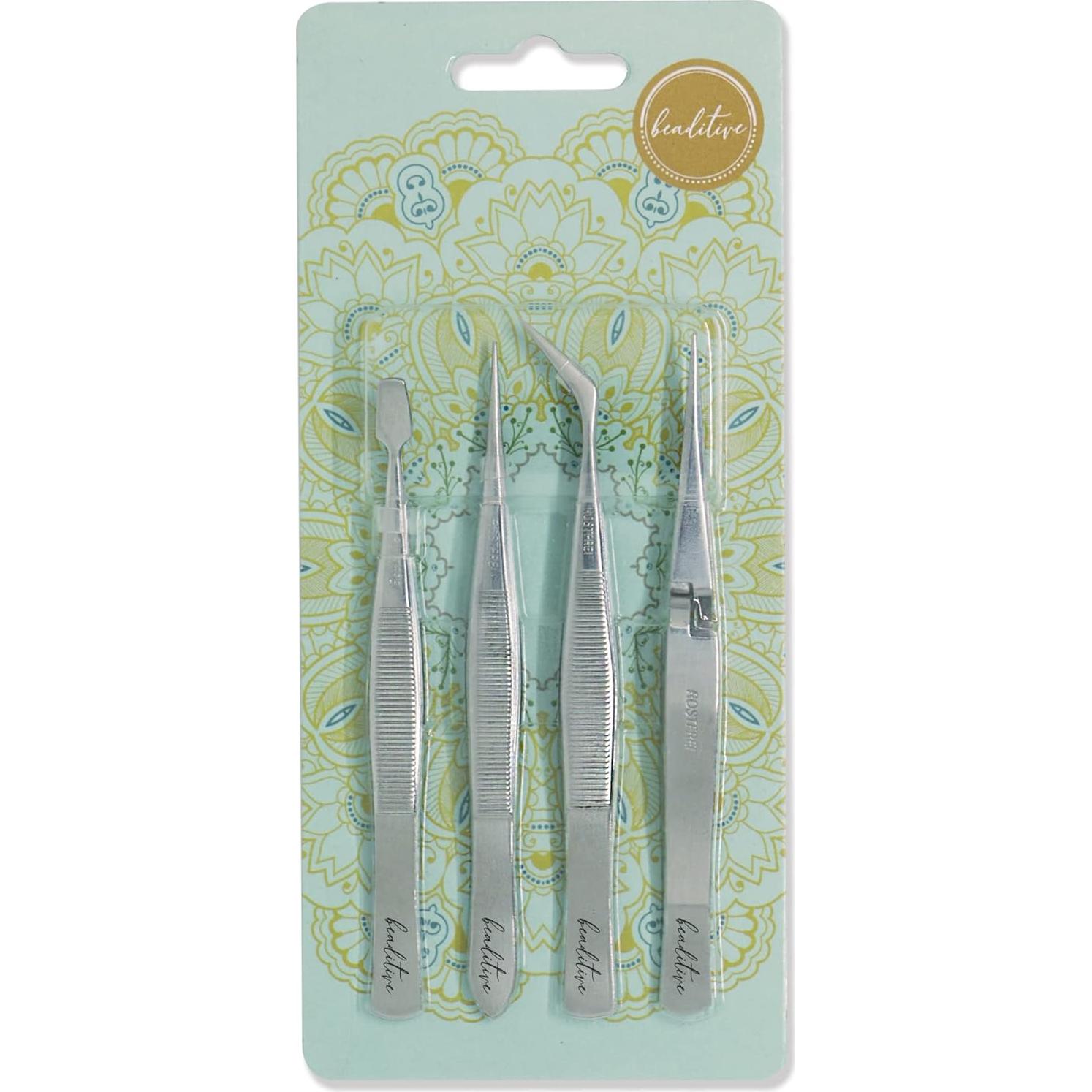 Juego de Pinzas de Precisión Beaditive - 4 Piezas de Acero Inoxidable