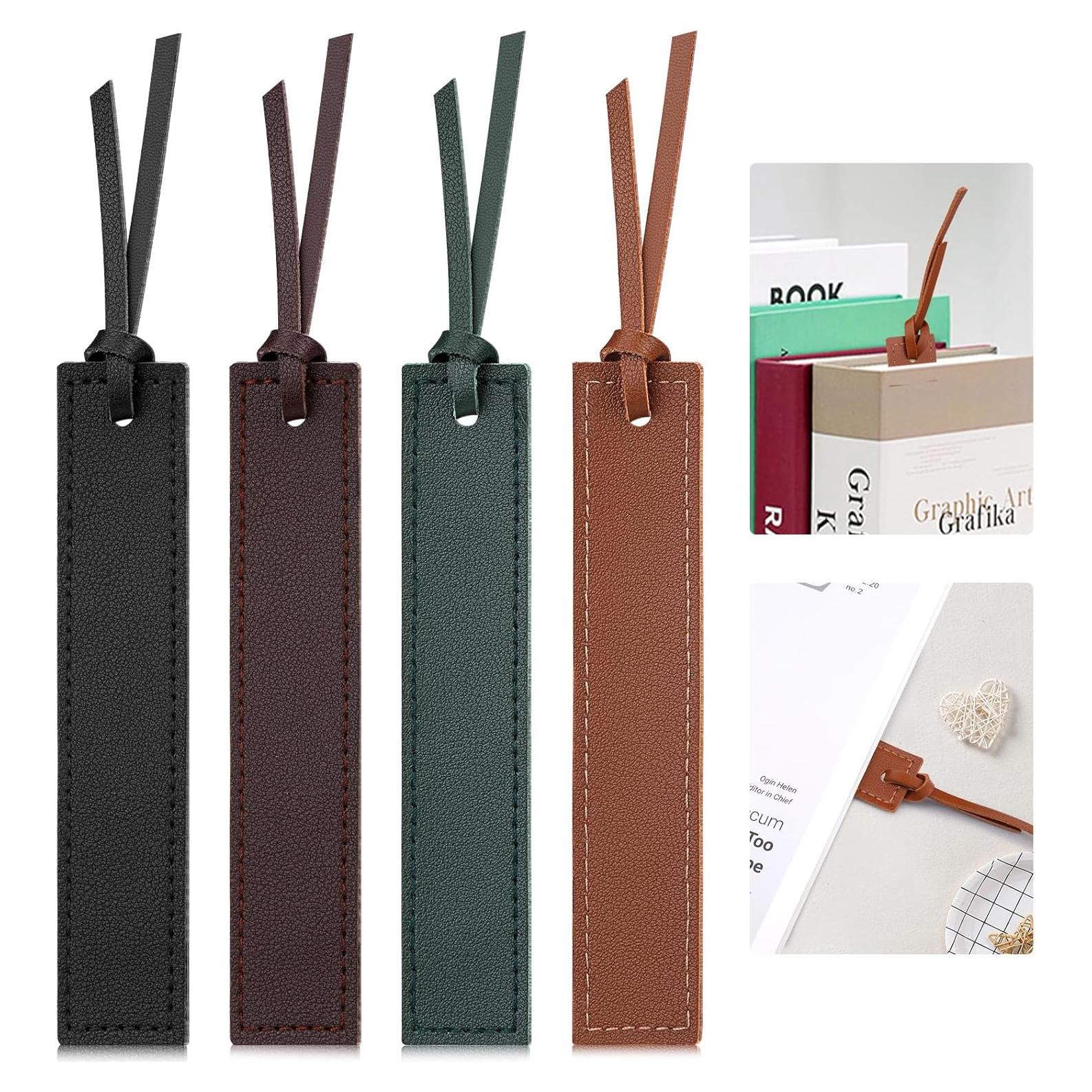 4 Pcs Leather Bookmark, Classic Stitched Bookmark with Leather Rope, Handmade Stitched Book Marks Page Markers Reading Presents for Book Reader Teachers Students School Office