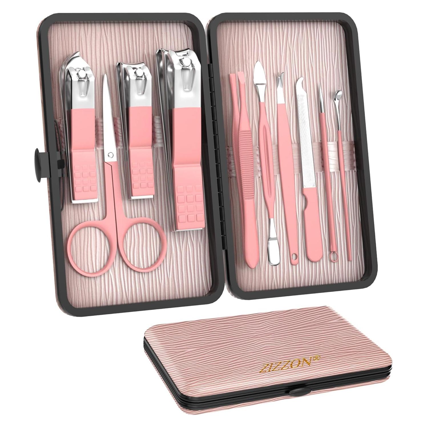 Juego de Manicura y Pedicura ZIZZON 10 Piezas Acero Inoxidable Rosa