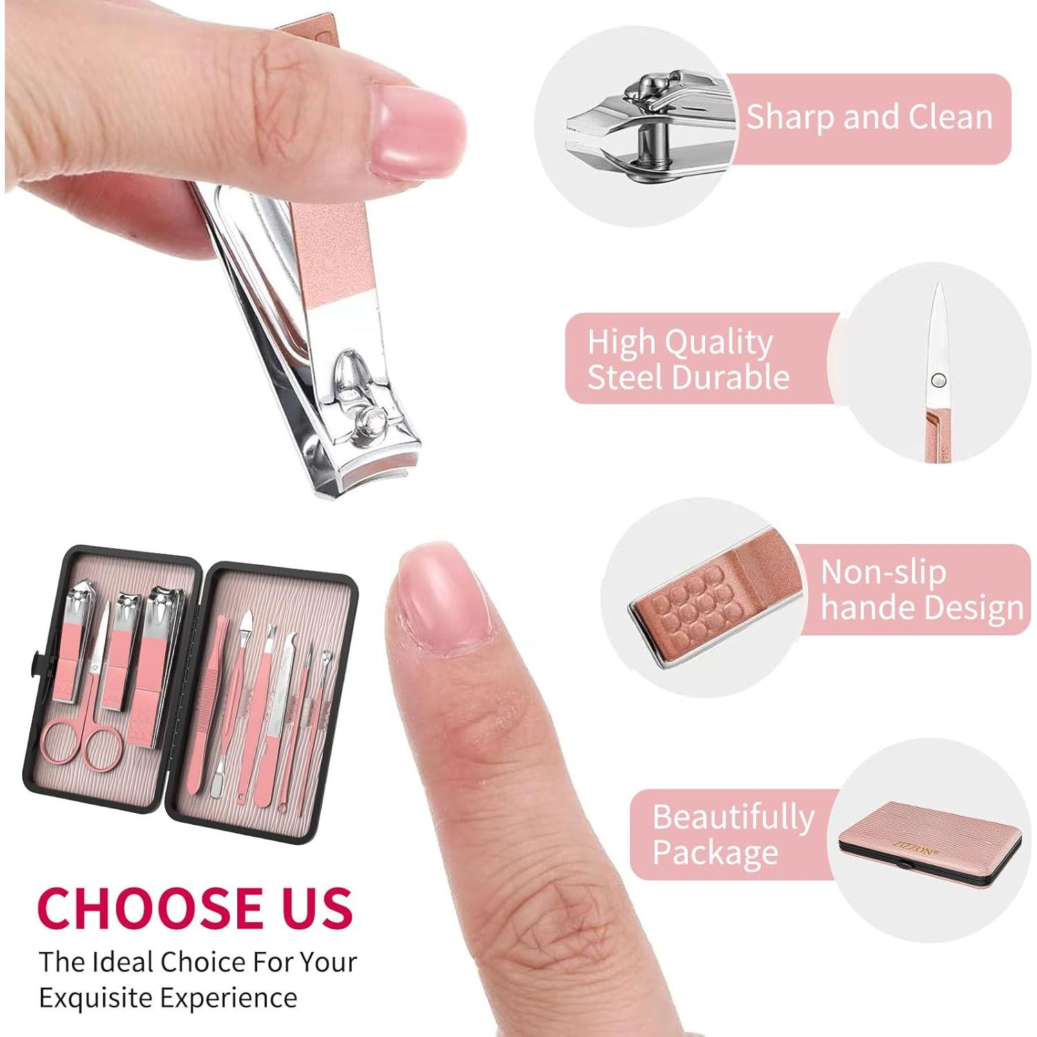 Juego de Manicura y Pedicura ZIZZON 10 Piezas Acero Inoxidable Rosa