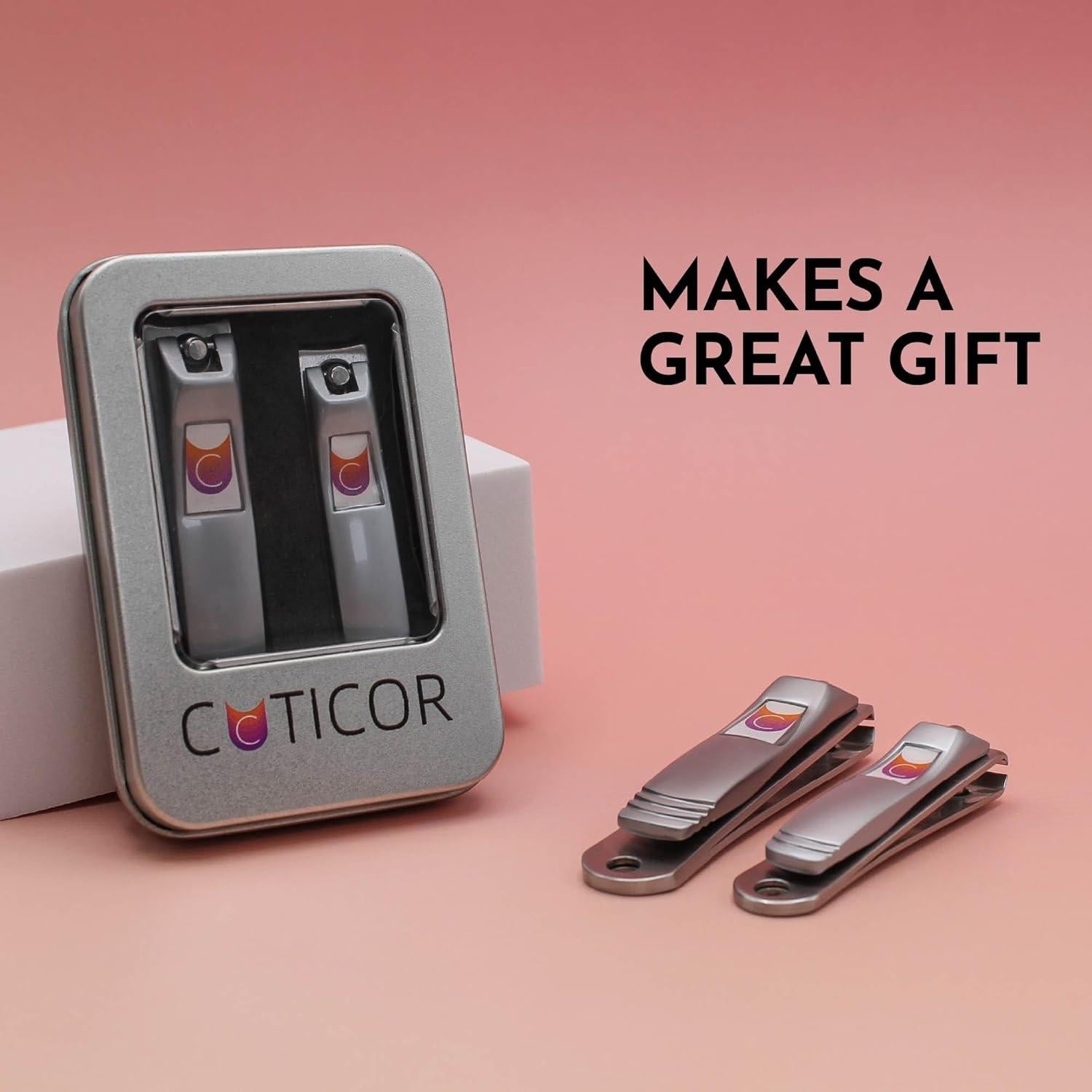 CUTICOR Juego de Cortauñas de Acero Inoxidable - 2 Piezas Compactas para Manos y Pies con Estuche de Viaje