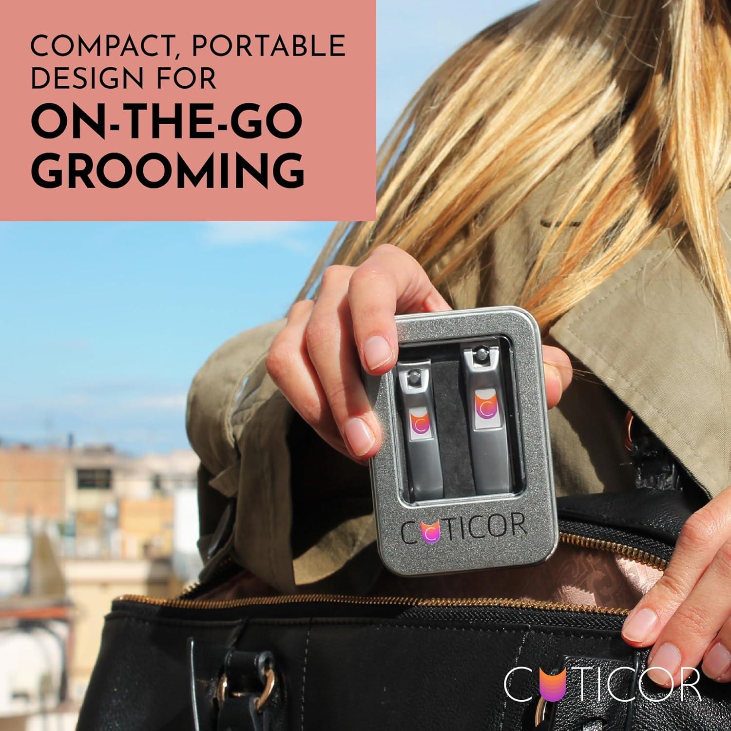 CUTICOR Juego de Cortauñas de Acero Inoxidable - 2 Piezas Compactas para Manos y Pies con Estuche de Viaje