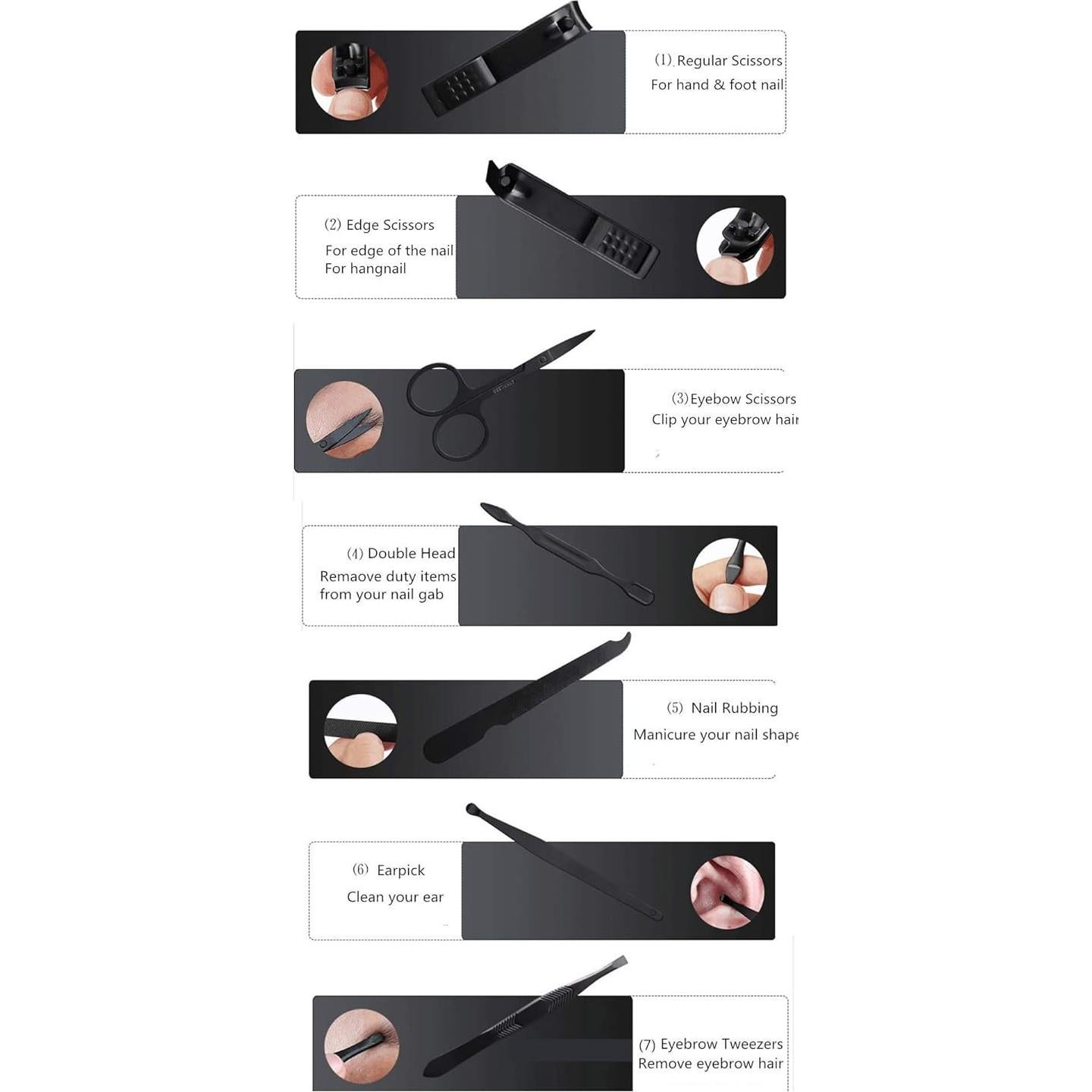 Juego de Cortauñas Aubcee 7 en 1 Acero Inoxidable Negro