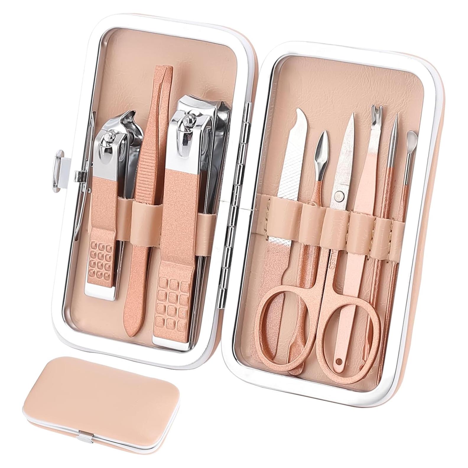 Kit de Manicura KIDOOM 9 Piezas Acero Rosa Portátil