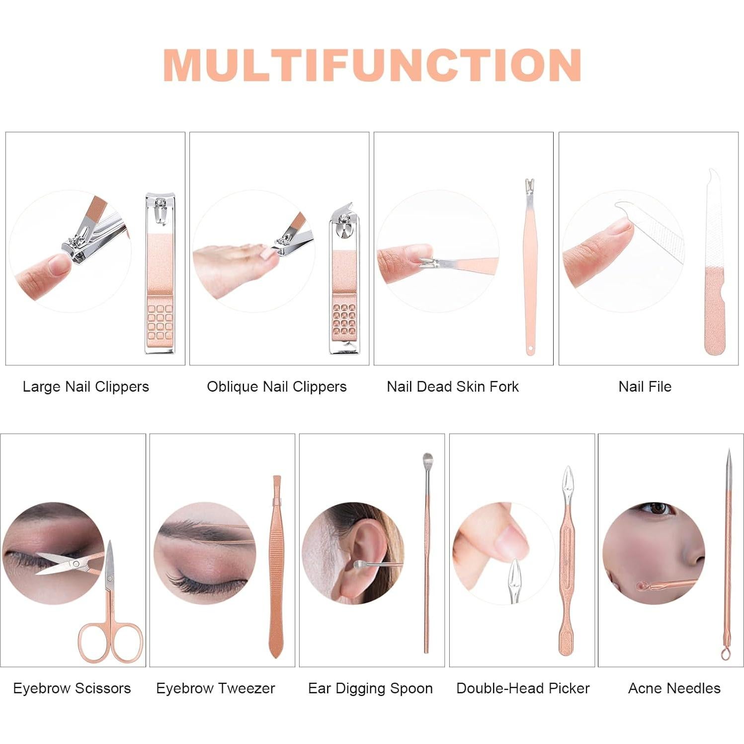 Kit de Manicura KIDOOM 9 Piezas Acero Rosa Portátil