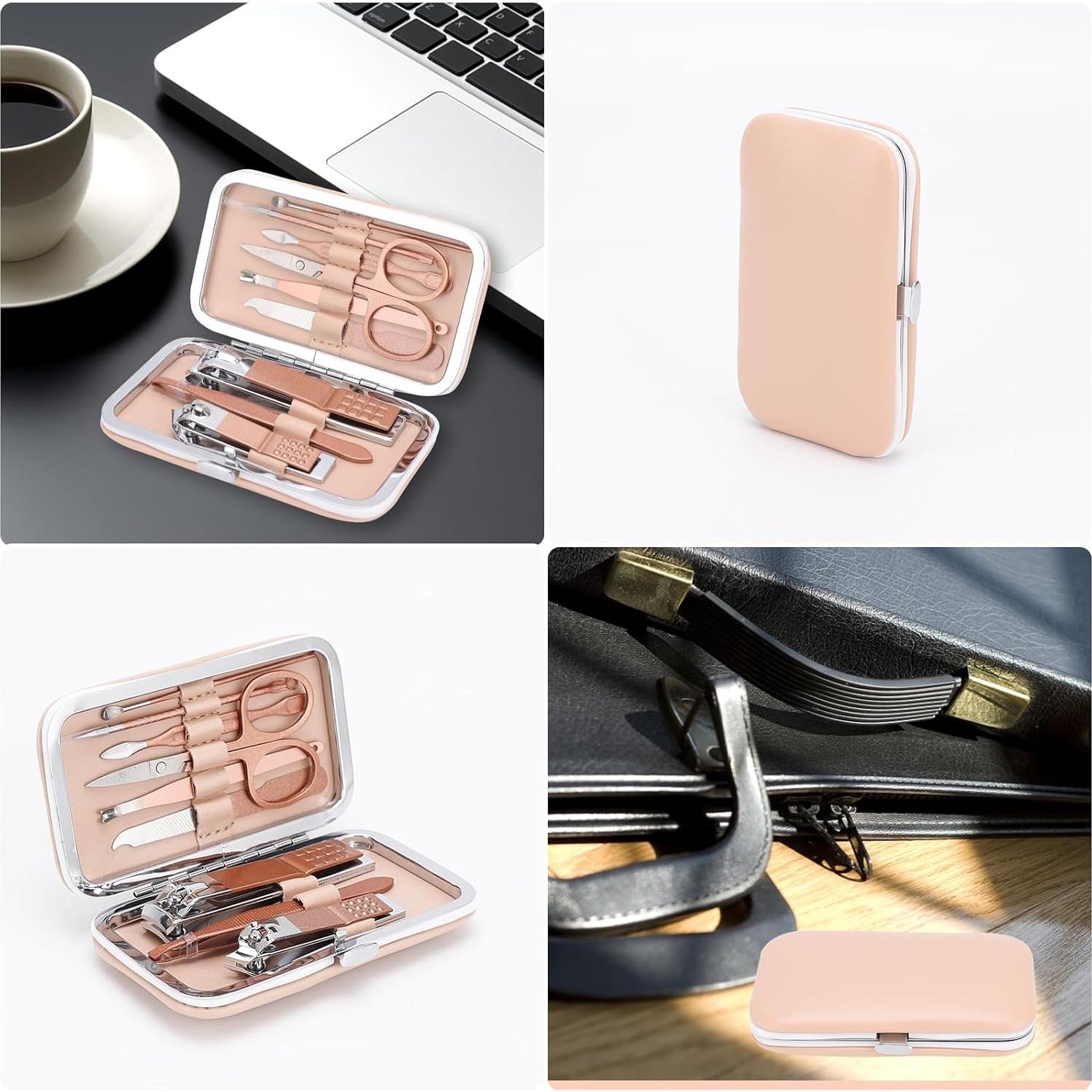 Kit de Manicura KIDOOM 9 Piezas Acero Rosa Portátil