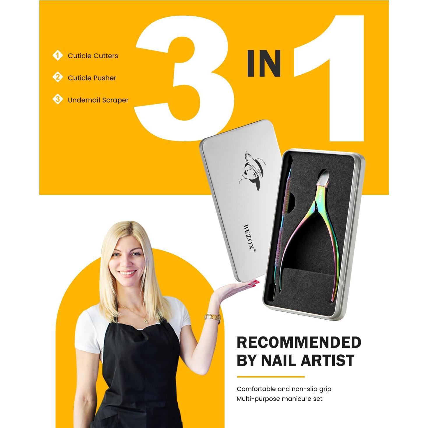 Cortador de Cutículas BEZOX Arcoíris con Empujador - Herramientas de Manicura