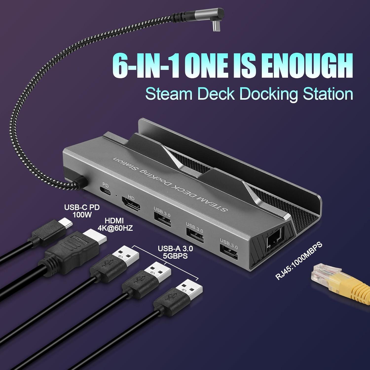 Dock 6 en 1 para Steam Deck ROG Ally HDMI 4K Ethernet USB