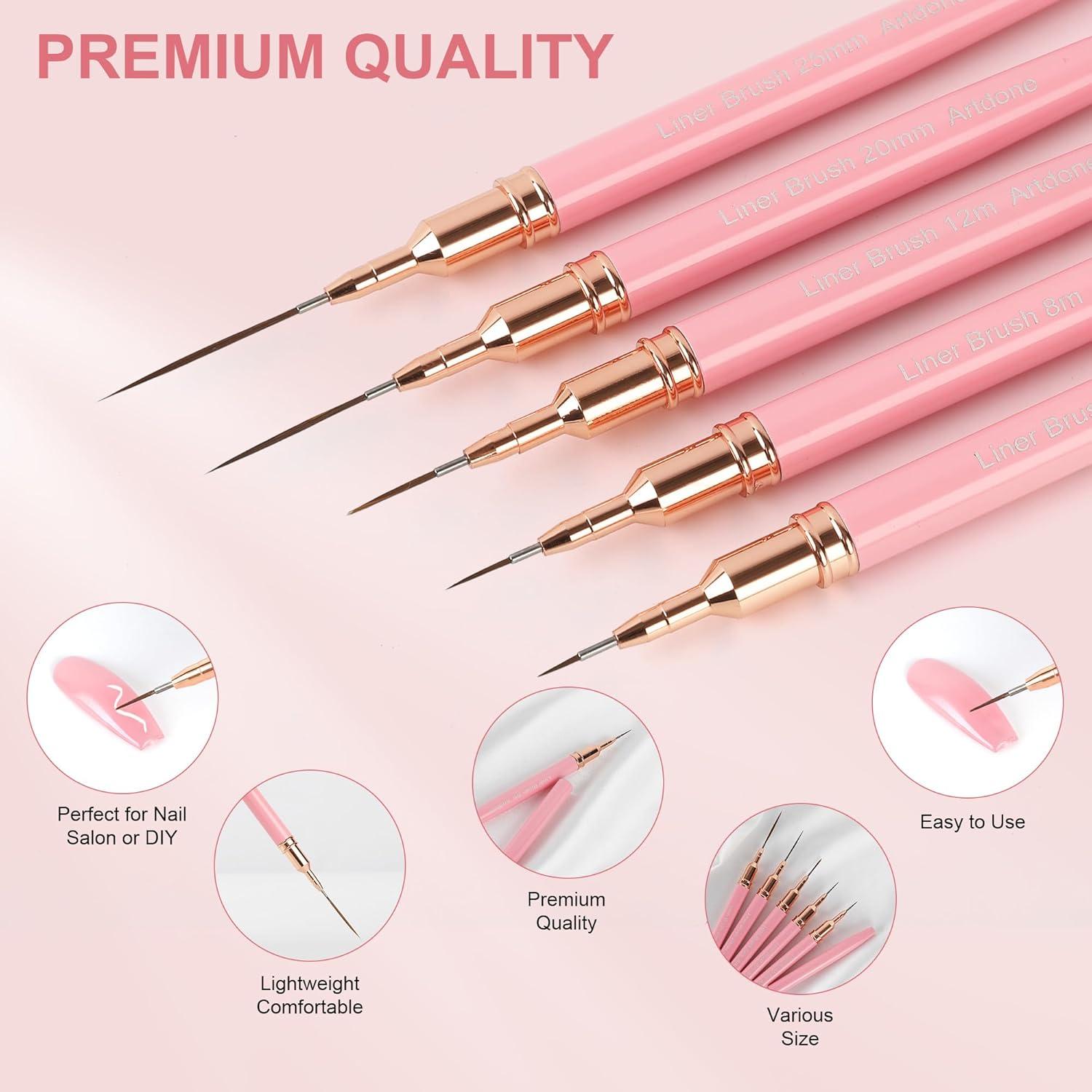 Set de Pinceles Liner Artdone para Uñas Metálicos 5Pcs Rosa