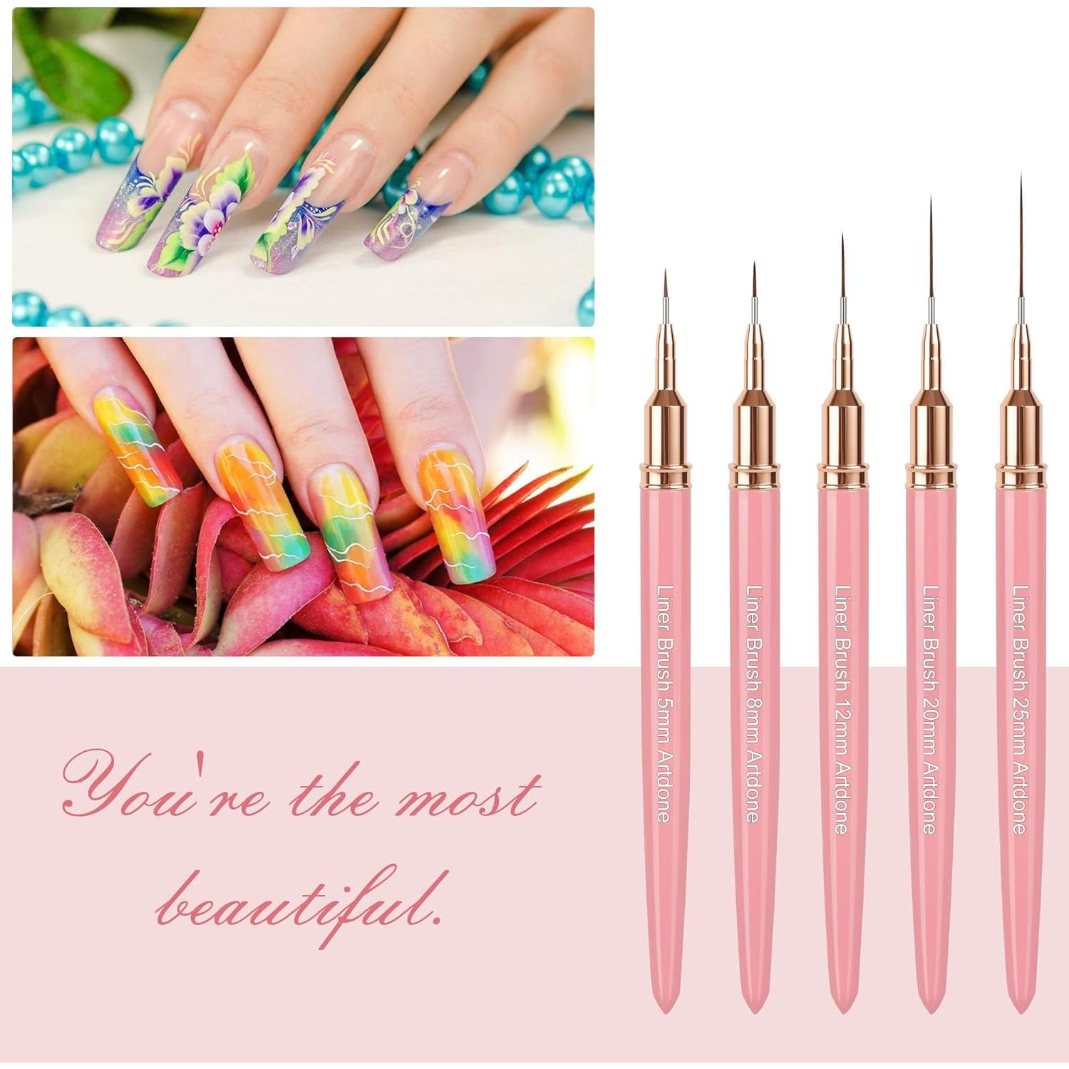 Set de Pinceles Liner Artdone para Uñas Metálicos 5Pcs Rosa