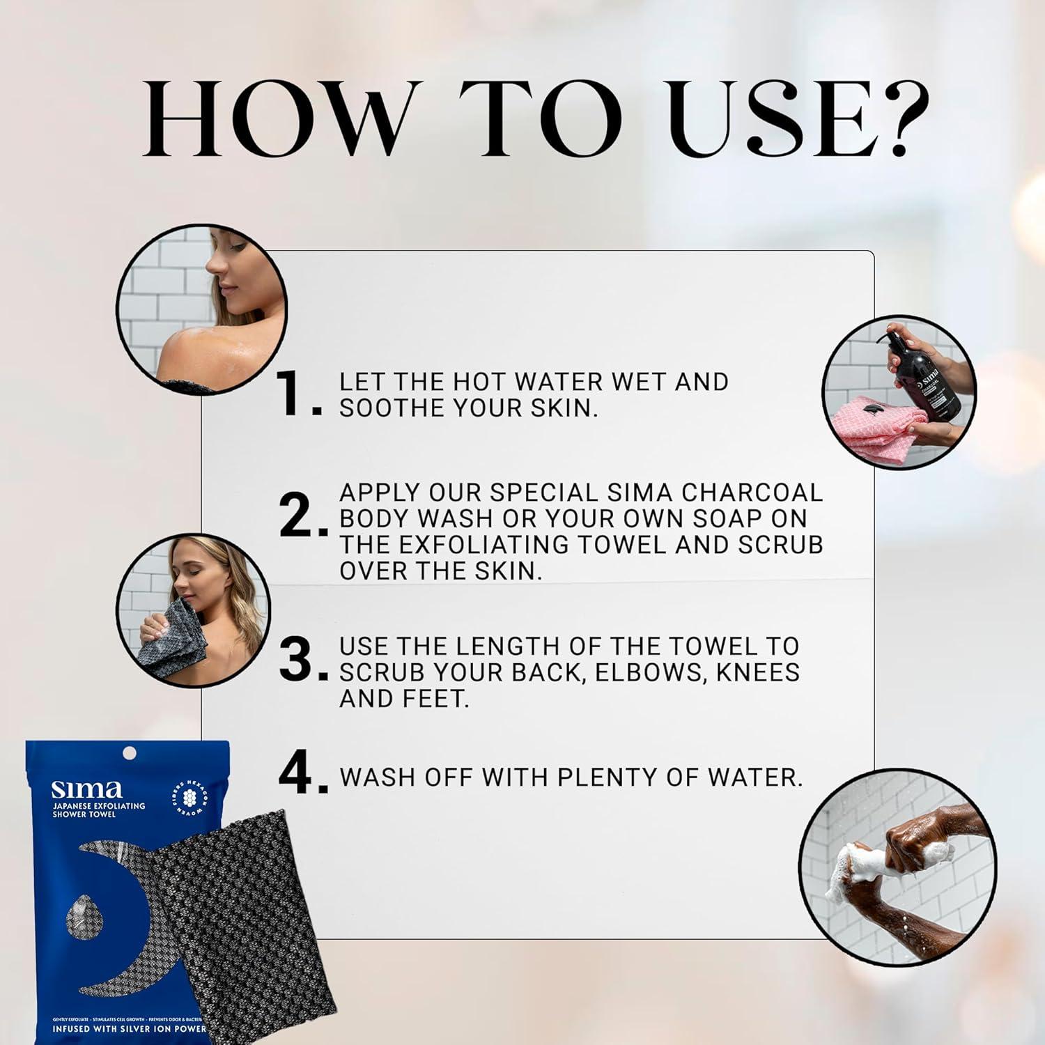 Toalla Exfoliante Corporal Sima - Extra Larga, 119 cm, Negra