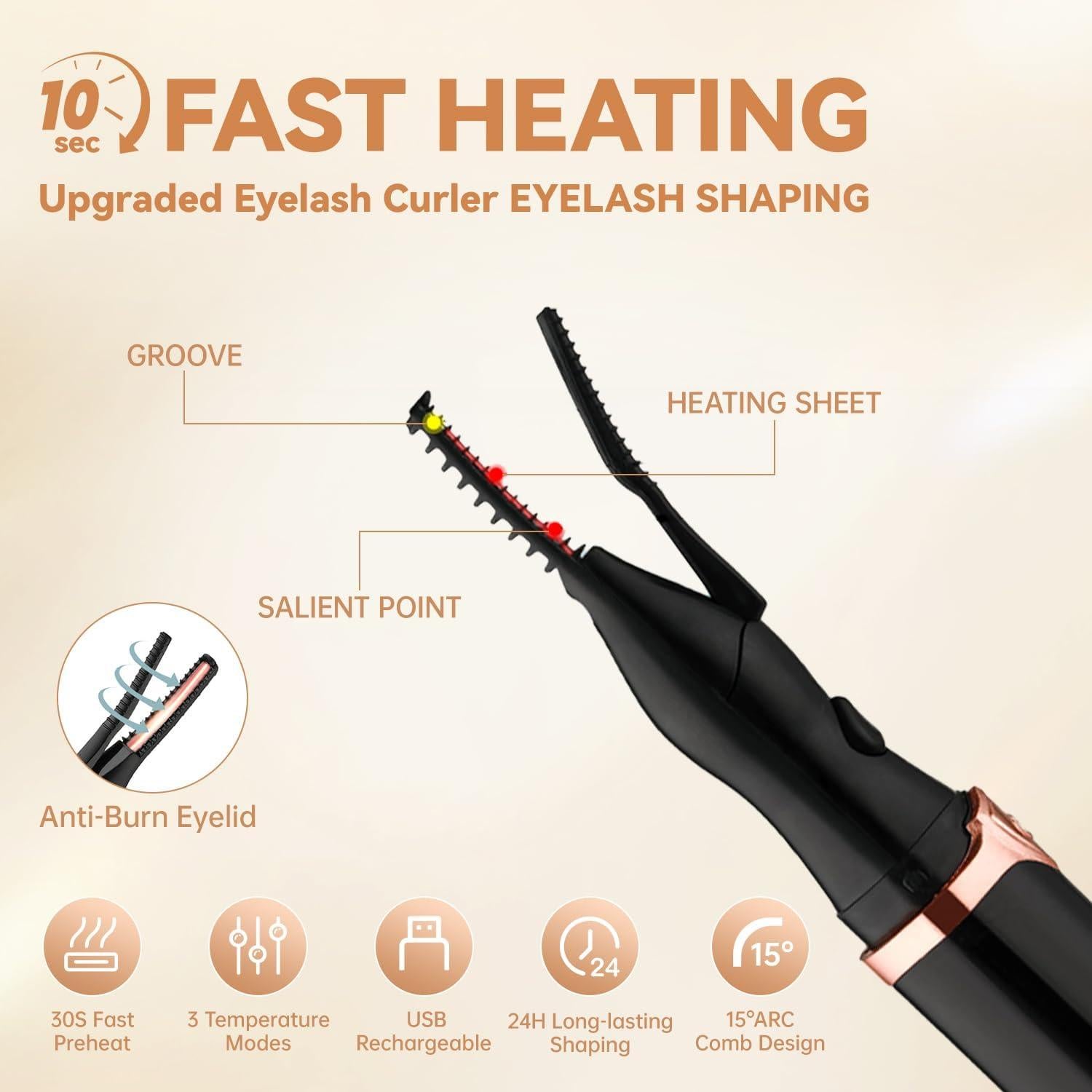 Rizador de Pestañas Calentado Jxbiu USB Recargable 3 Temperaturas