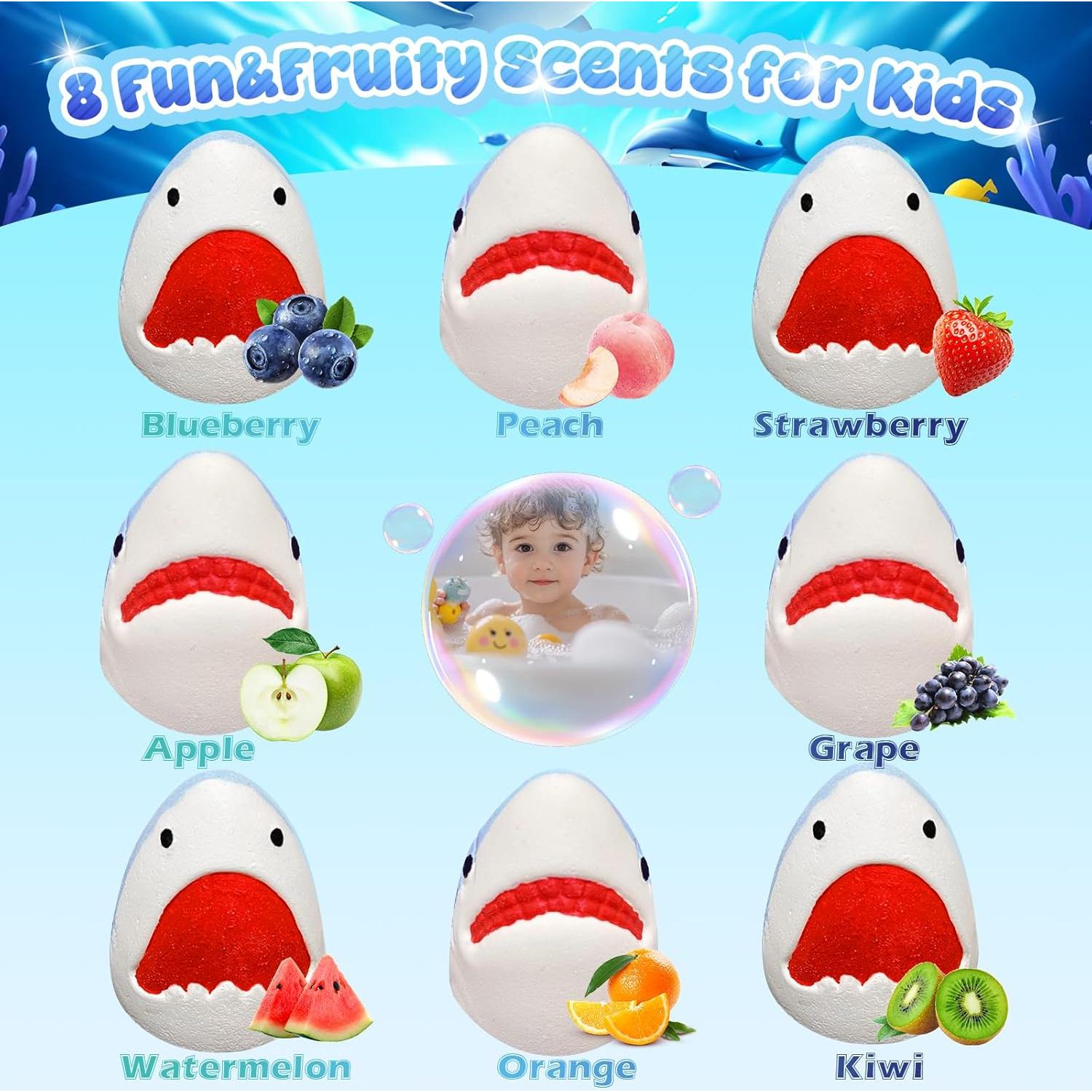 Bombas de Baño de Tiburón DSW - 8 Aromas Naturales, Juguetes Sorpresa