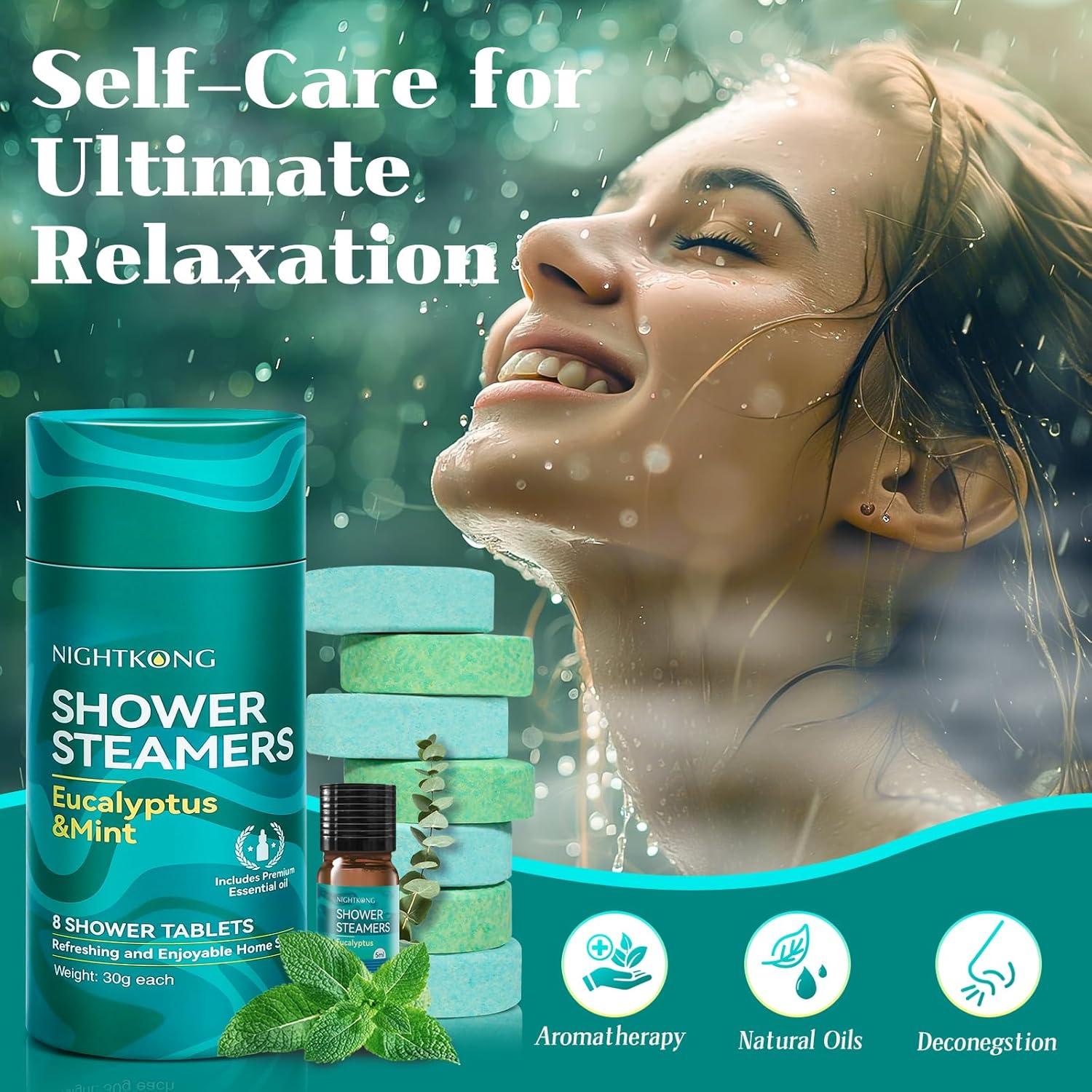 Vapor de Ducha Eucalipto y Menta NightKong - 8 Paquetes + 5ml Aceite Esencial