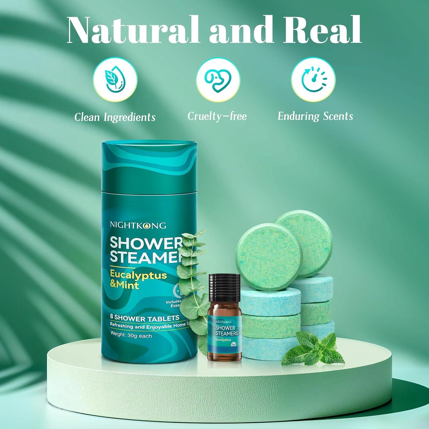 Vapor de Ducha Eucalipto y Menta NightKong - 8 Paquetes + 5ml Aceite Esencial