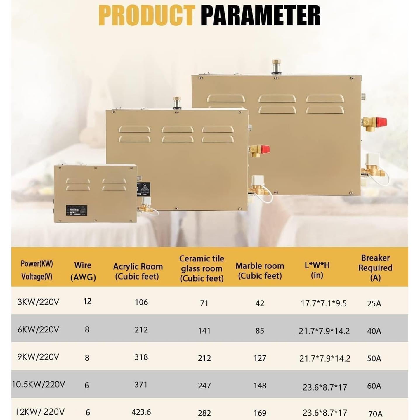 Generador de Vapor CGOLDENWALL 12KW Acero Inoxidable Drenaje Automático