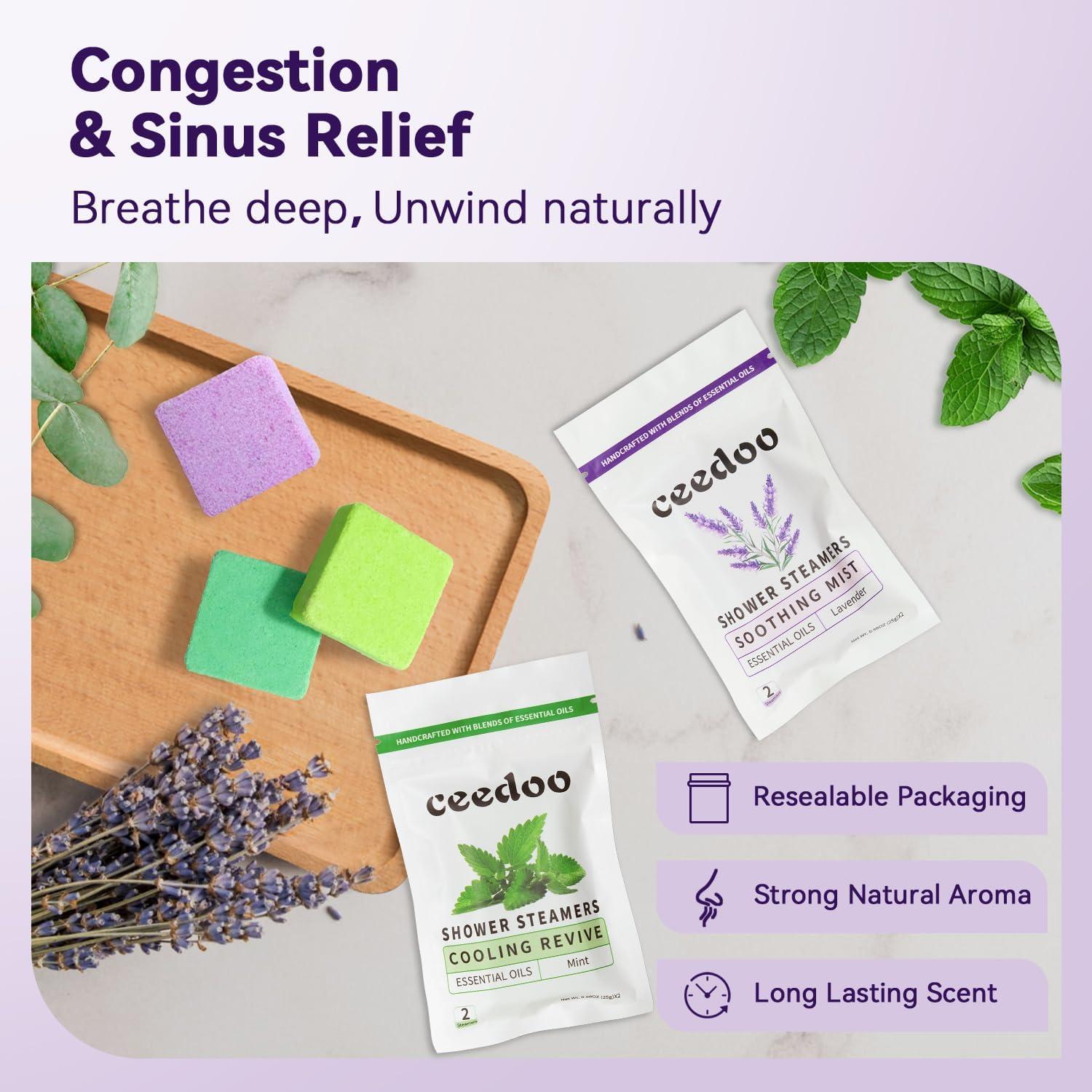 Paquete de 6 Bombas de Ducha Aromaterapia Ceedoo - Lavanda, Eucalipto, Menta