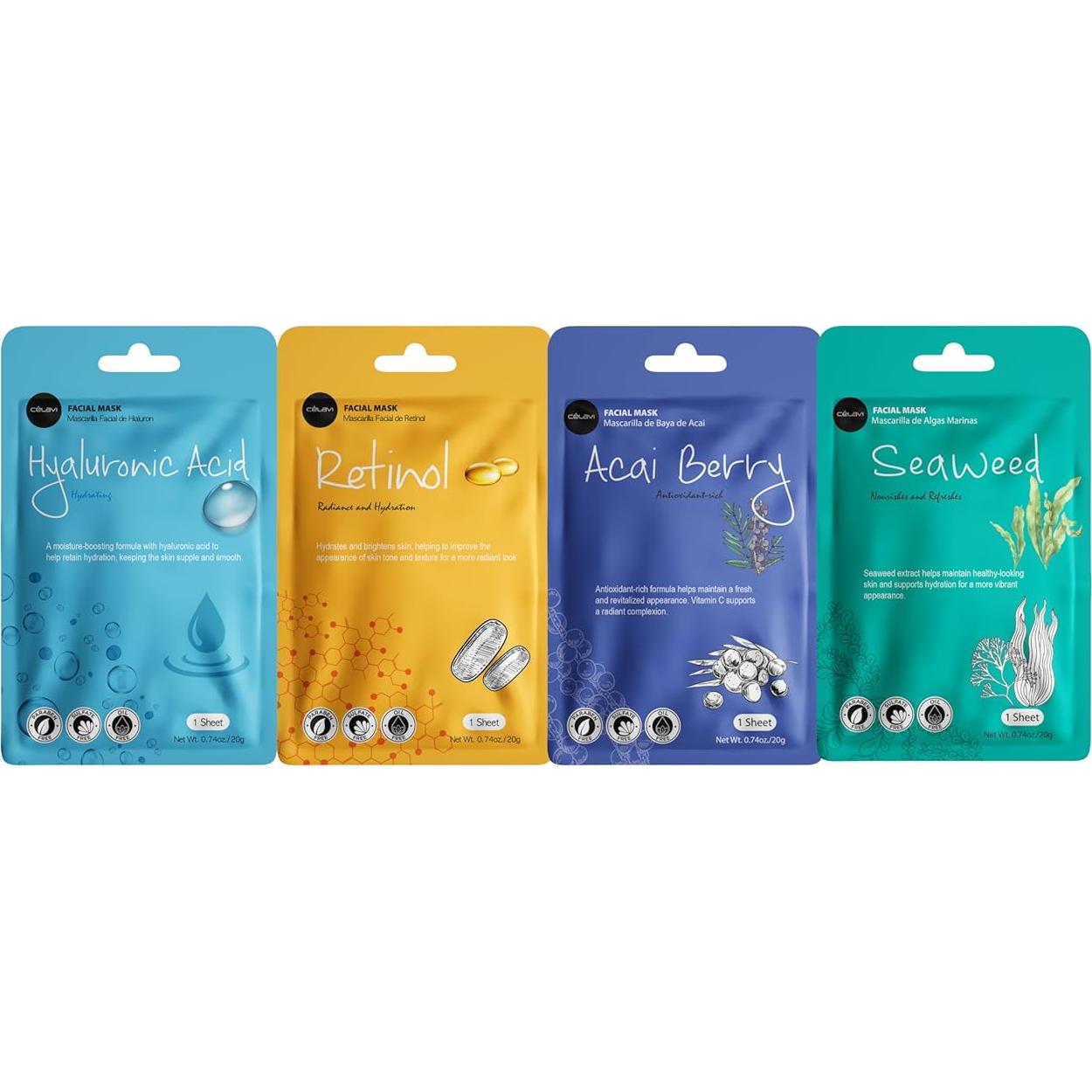 Conjunto de 12 Mascarillas Faciales Celavi K-Beauty Hidratantes