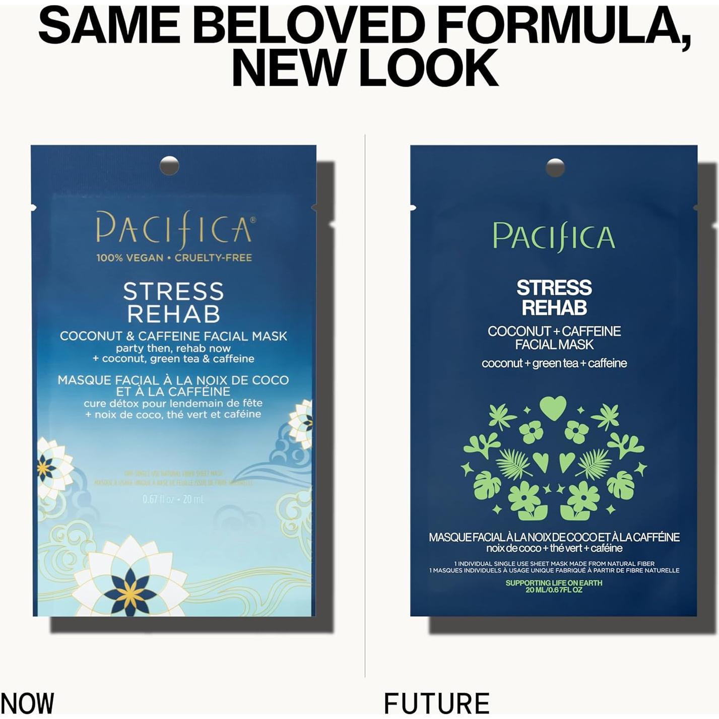 Pacifica Sheet Mask - Stress Rehab Coconut & Caffeine Facial Mask - 12-PACK De-Stress Sheet Mask for Redness & Puffiness Relief, Infused w/Green Tea, Turmeric & Hyaluronic Acid Cruelty-Free Skincare