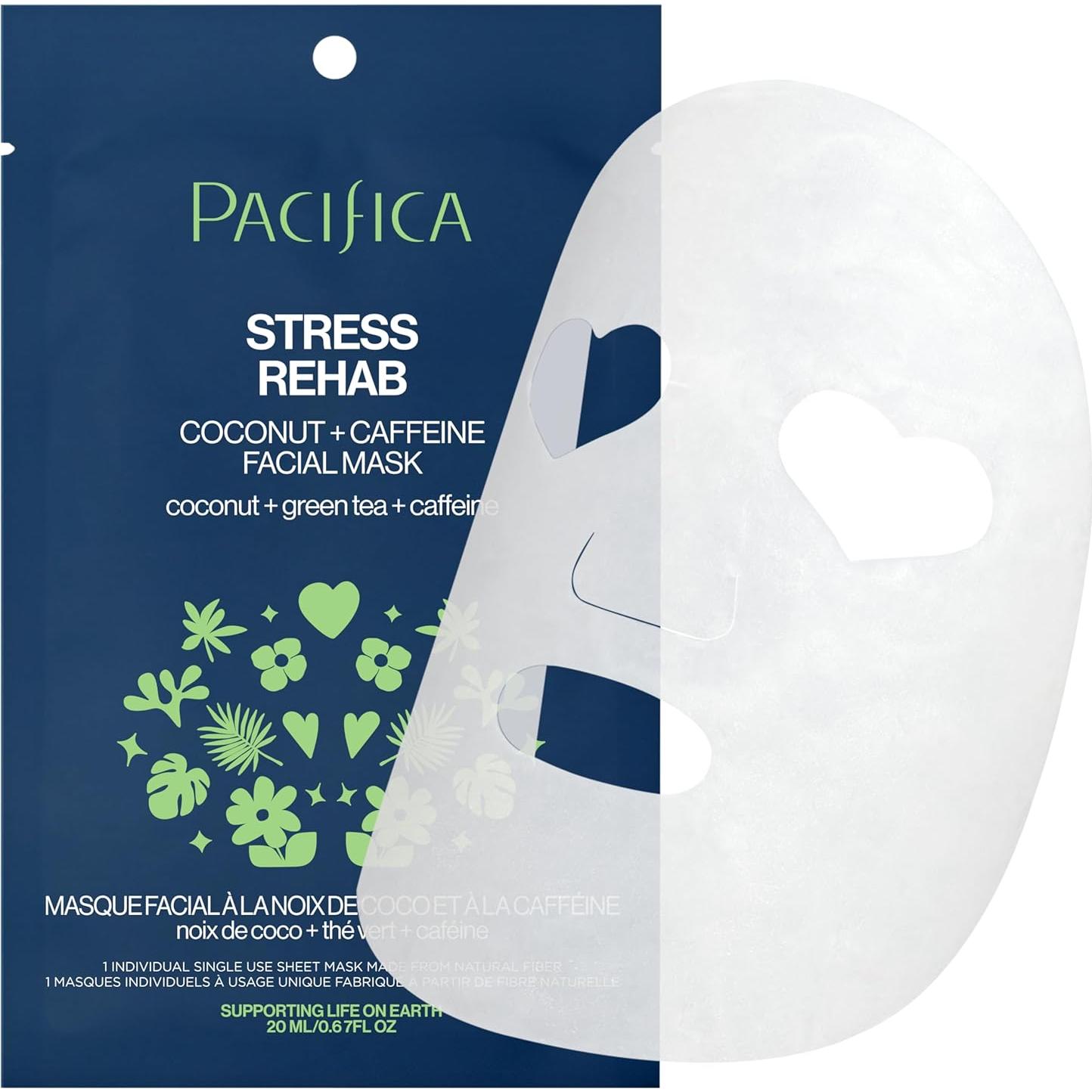 Pacifica Sheet Mask - Stress Rehab Coconut & Caffeine Facial Mask - 12-PACK De-Stress Sheet Mask for Redness & Puffiness Relief, Infused w/Green Tea, Turmeric & Hyaluronic Acid Cruelty-Free Skincare