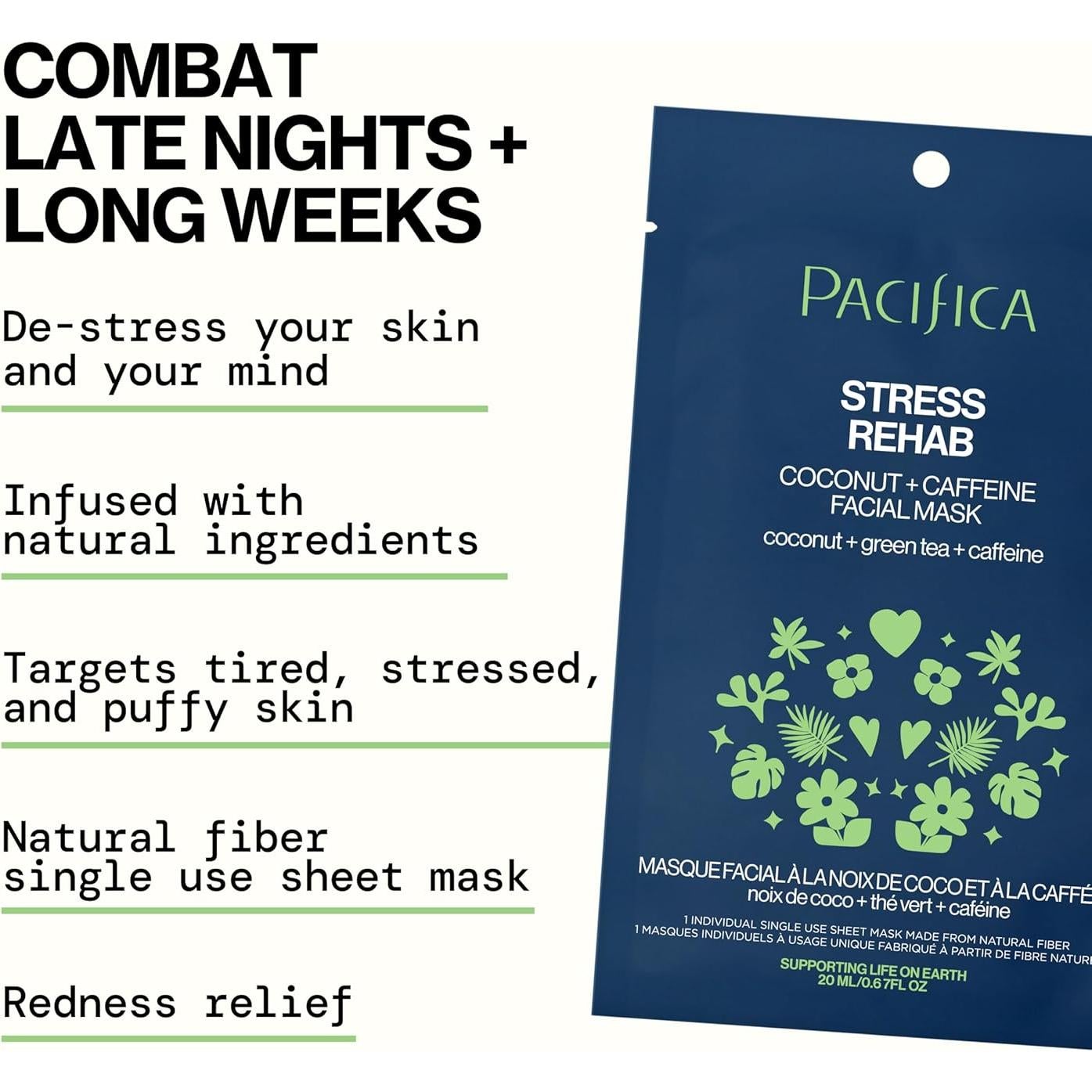Pacifica Sheet Mask - Stress Rehab Coconut & Caffeine Facial Mask - 12-PACK De-Stress Sheet Mask for Redness & Puffiness Relief, Infused w/Green Tea, Turmeric & Hyaluronic Acid Cruelty-Free Skincare