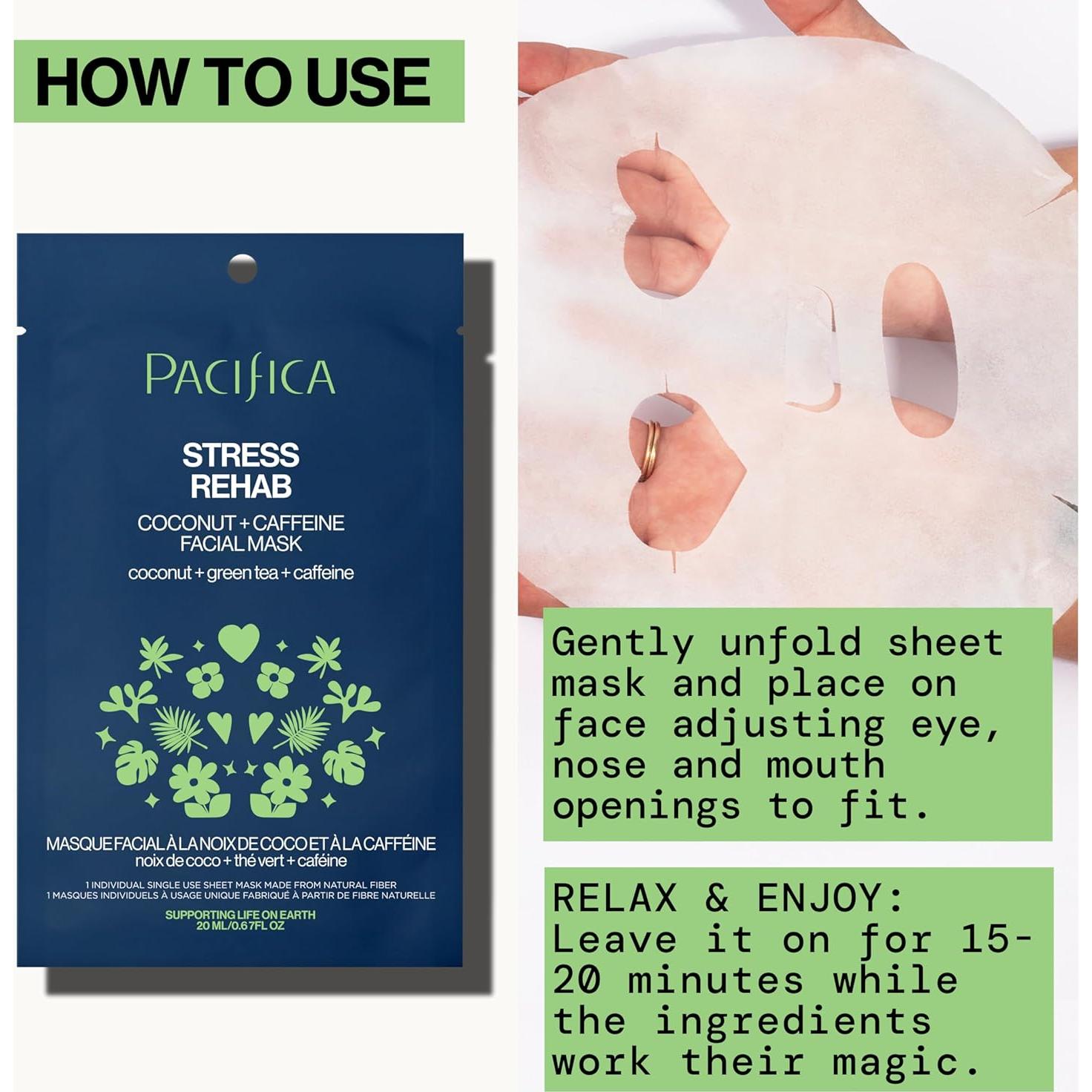 Pacifica Sheet Mask - Stress Rehab Coconut & Caffeine Facial Mask - 12-PACK De-Stress Sheet Mask for Redness & Puffiness Relief, Infused w/Green Tea, Turmeric & Hyaluronic Acid Cruelty-Free Skincare