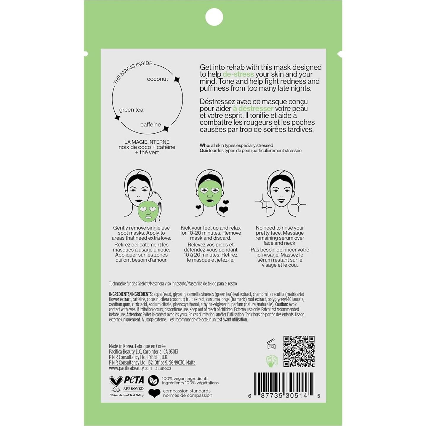 Pacifica Sheet Mask - Stress Rehab Coconut & Caffeine Facial Mask - 12-PACK De-Stress Sheet Mask for Redness & Puffiness Relief, Infused w/Green Tea, Turmeric & Hyaluronic Acid Cruelty-Free Skincare
