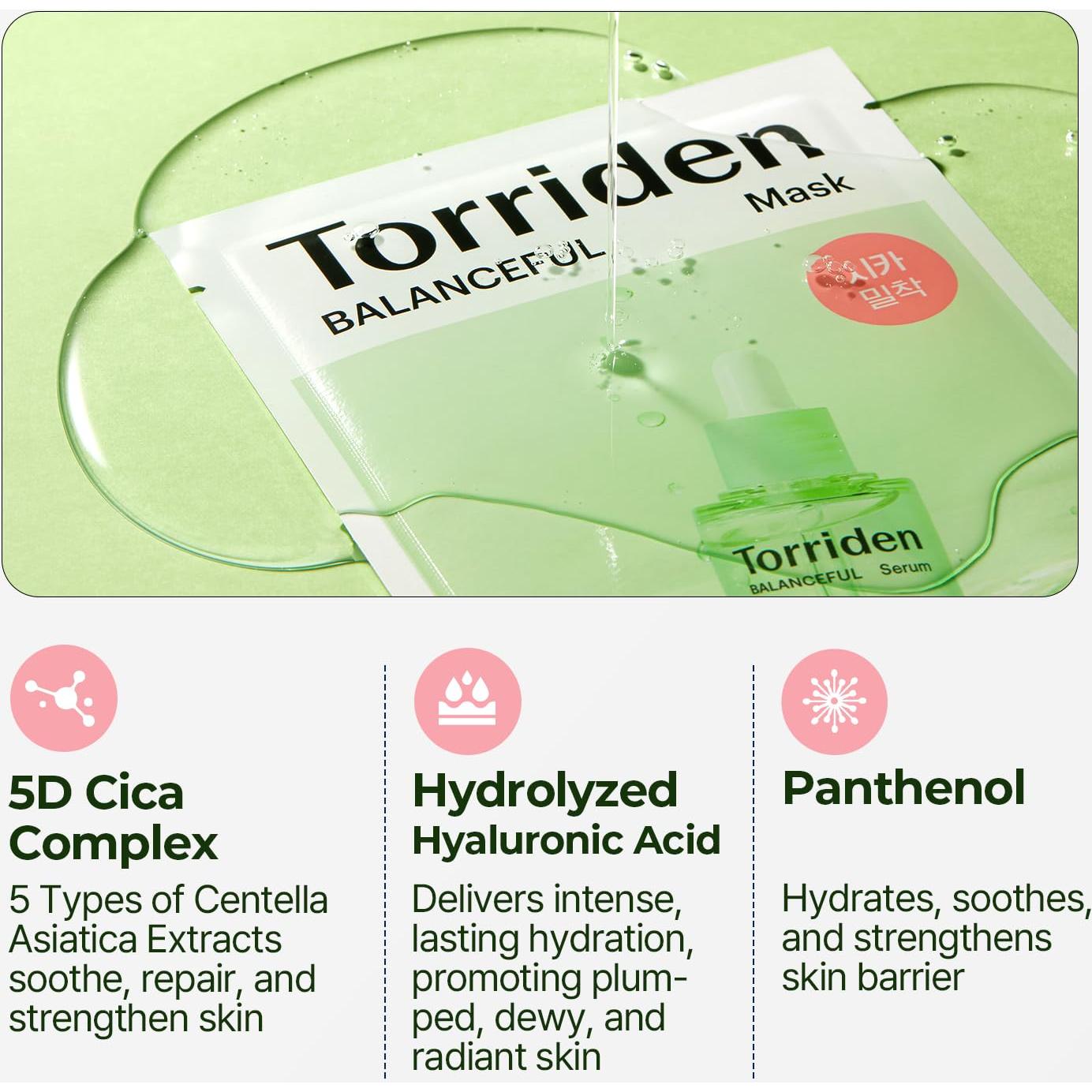 Máscara Facial Torriden Balanceful Cica 10 Hojas 5D Ácido Hialurónico