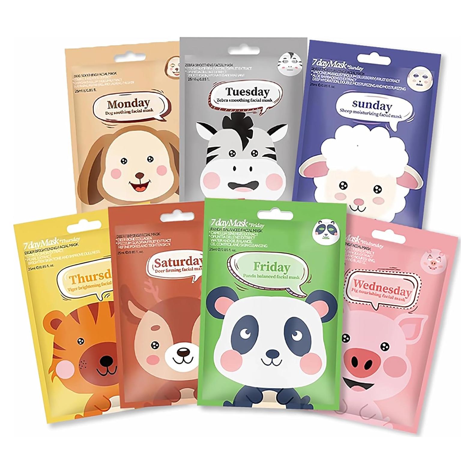 Paquete de 7 Máscaras Faciales Animales Yishifa - Hidratantes