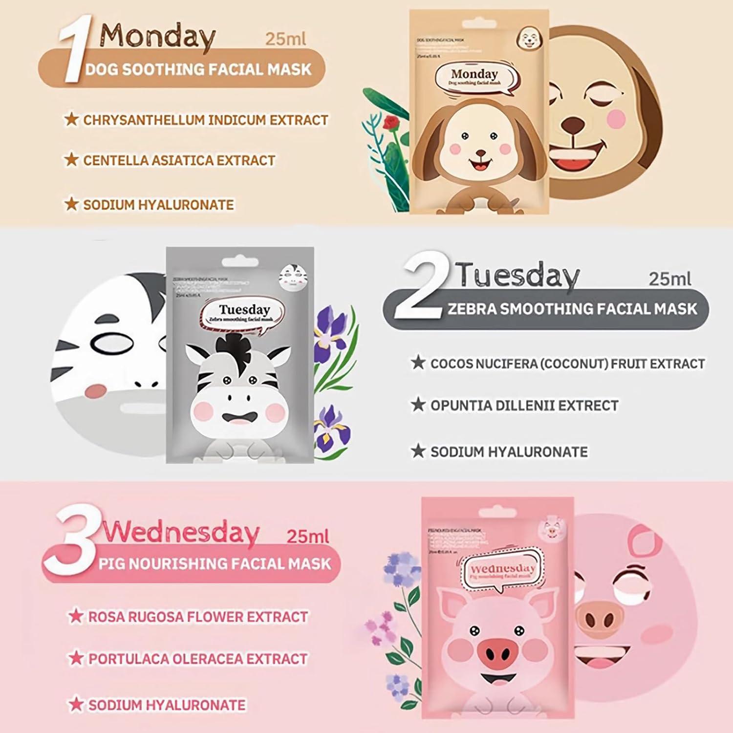 Paquete de 7 Máscaras Faciales Animales Yishifa - Hidratantes