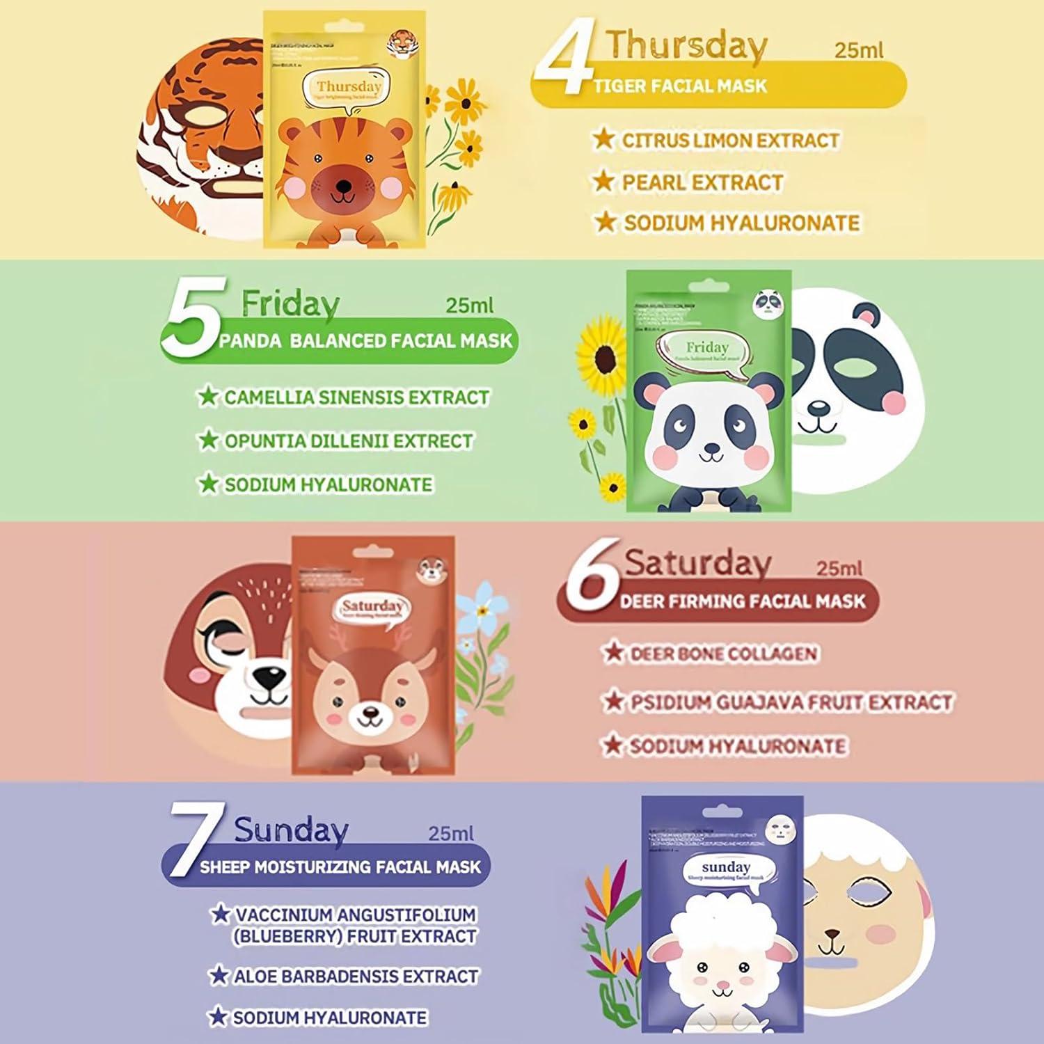 Paquete de 7 Máscaras Faciales Animales Yishifa - Hidratantes