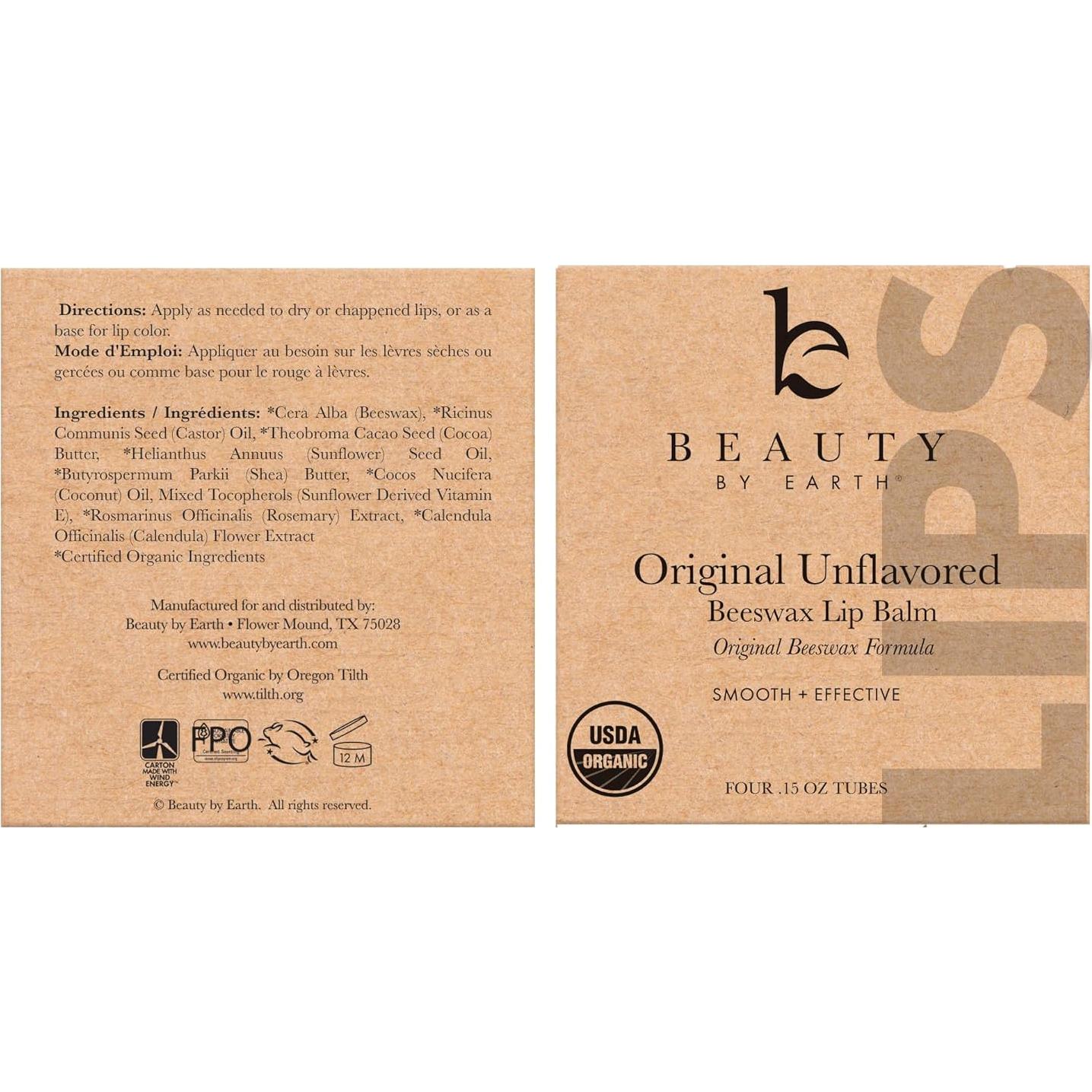 Bálsamo Labial Orgánico Beauty by Earth - Paquete de 4 Sin Sabor