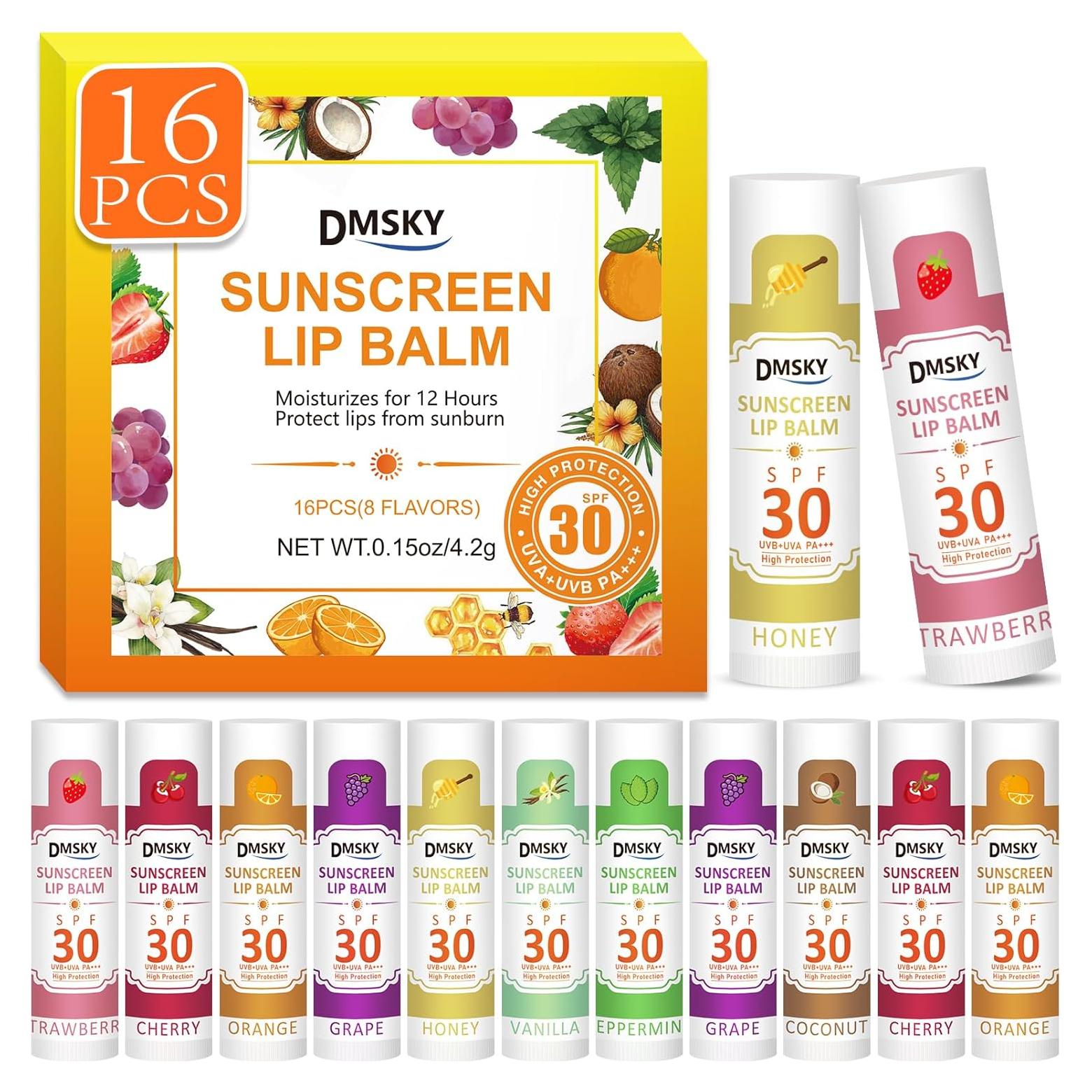 Bálsamo Labial DMSKY SPF 30 - Paquete de 16 Tubos Saborizados