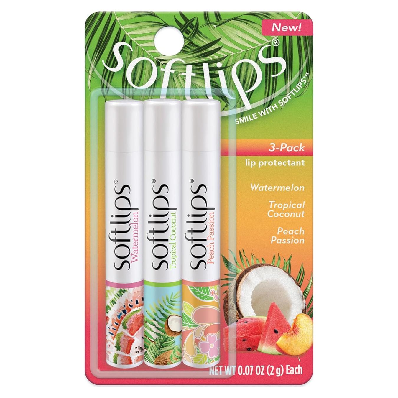 Bálsamos Labiales Softlips Pack de 3 - Sandía, Coco y Durazno